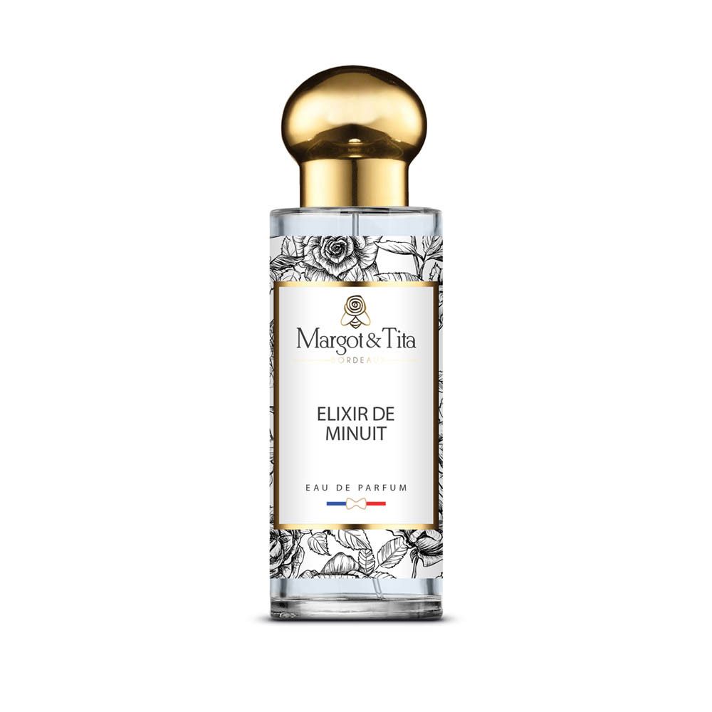 Flacon Margot & Tita Elixir de Minuit Eau de Parfum avec bouchon doré, motif rose et drapeaux français.