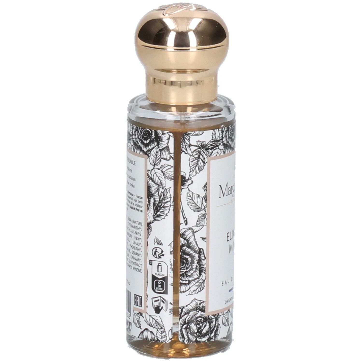 Arrière du flacon Margot & Tita Elixir de Minuit Eau de Parfum avec ingrédients et symboles.