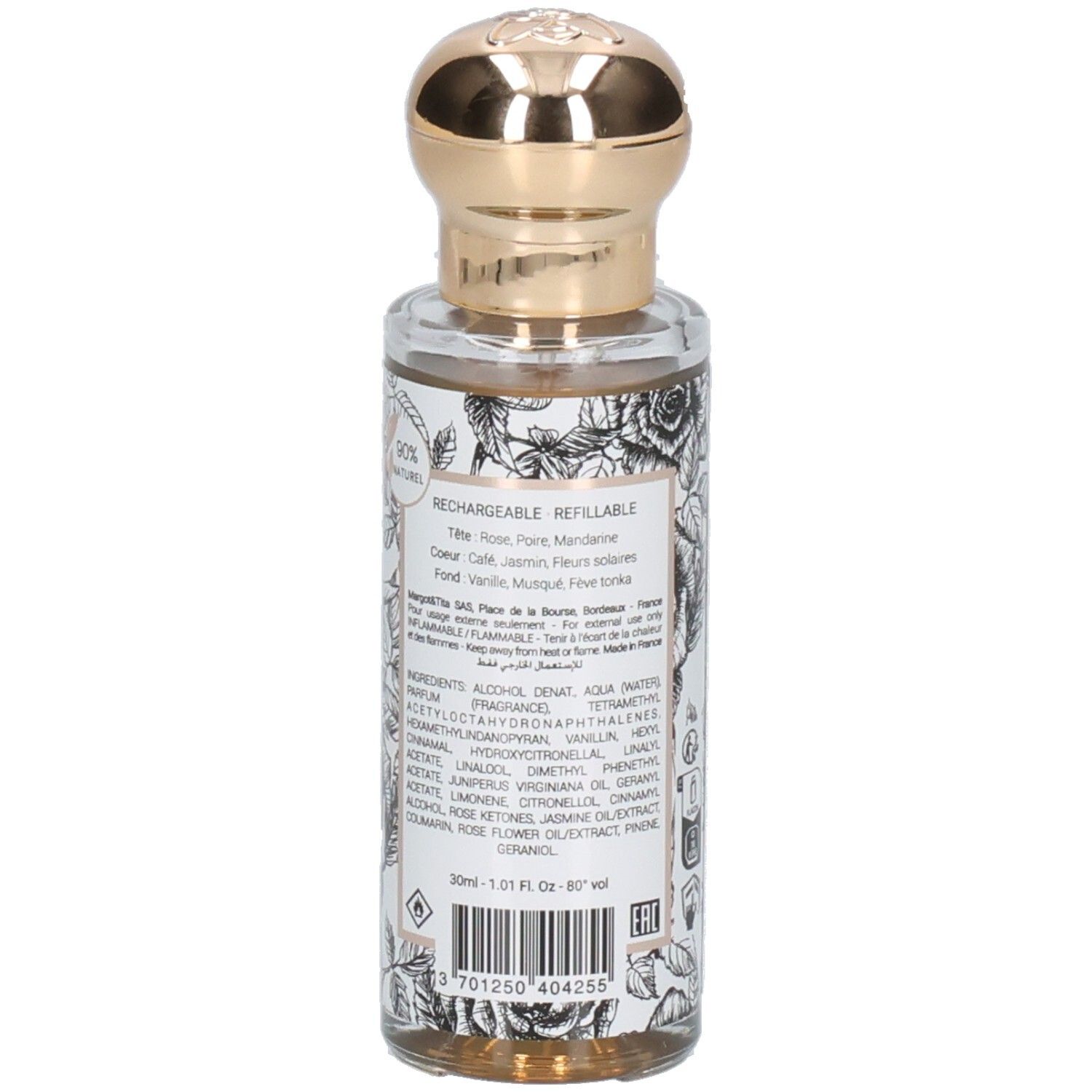 Vue détaillée du flacon Margot & Tita Elixir de Minuit Eau de Parfum avec liste d'ingrédients et code-barres.