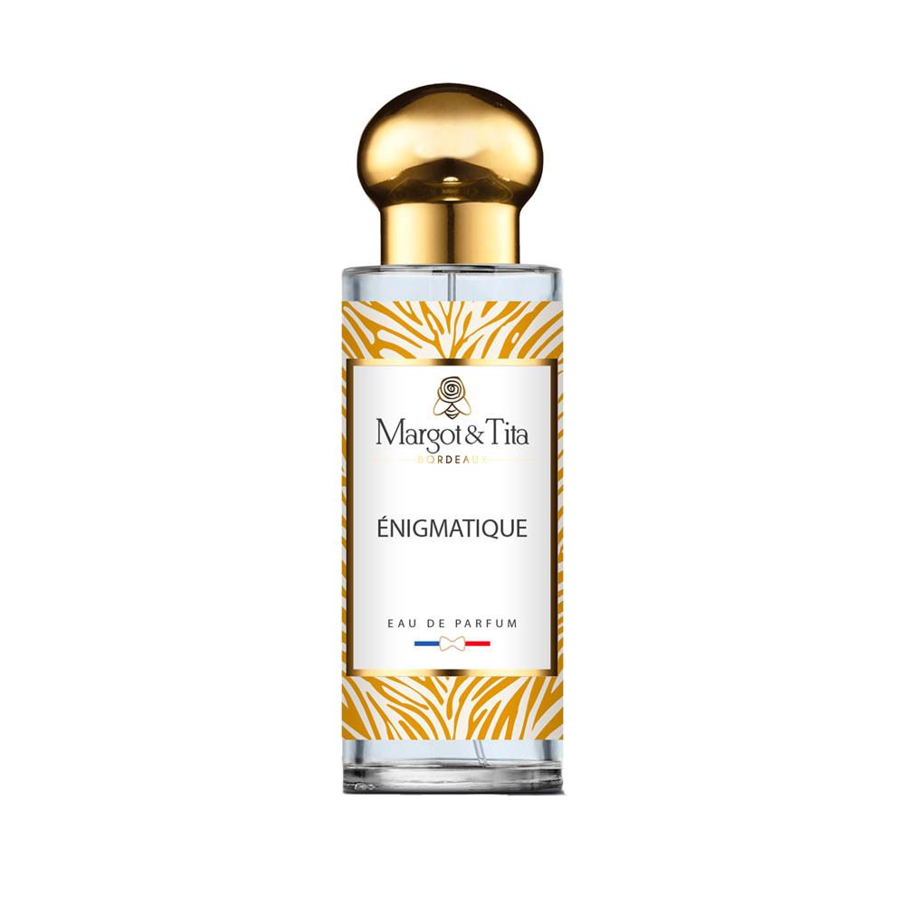 Margot & Tita Énigmatique Eau de Parfum, flacon en verre avec bouchon doré et motif animalier.