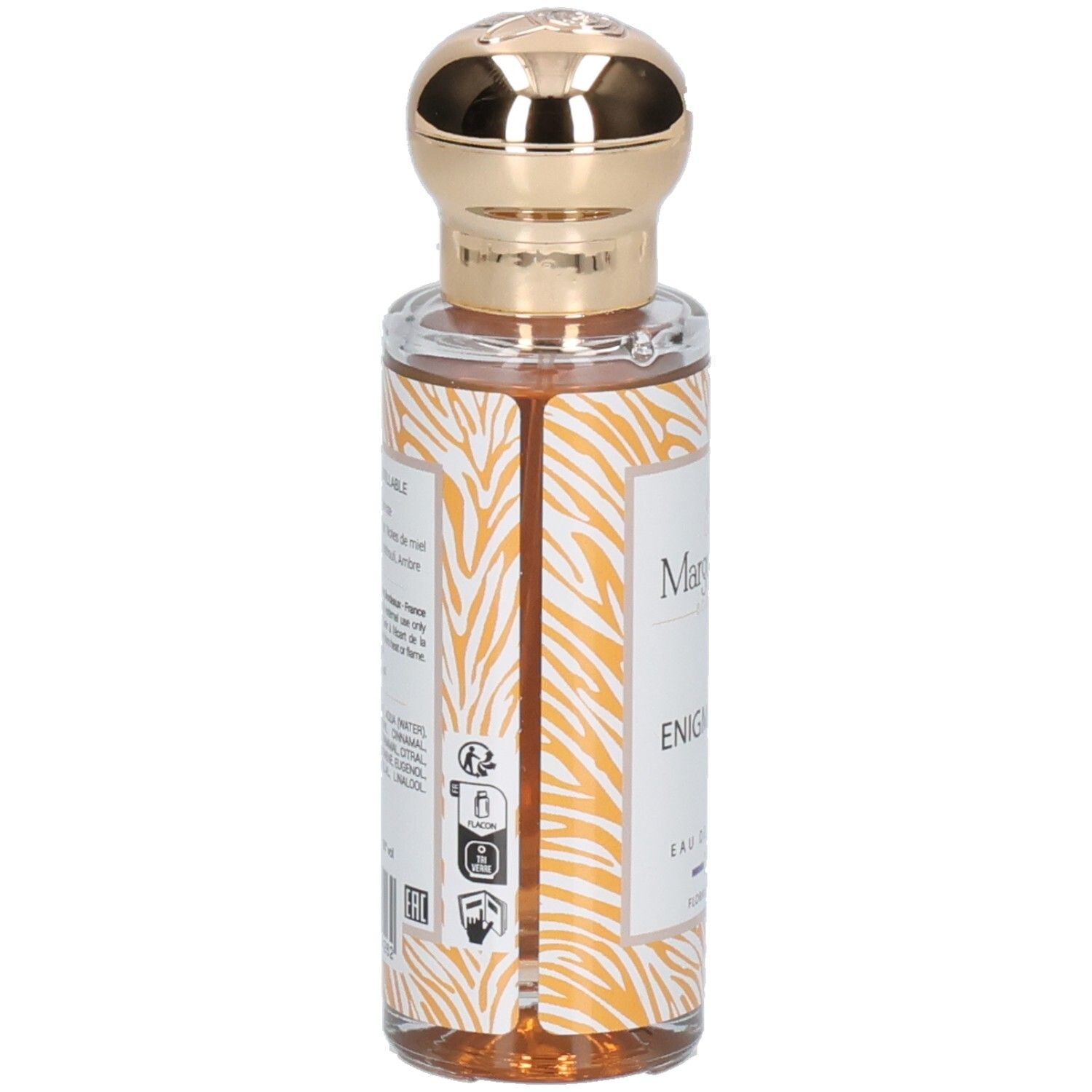 Vue latérale du flacon Margot & Tita Énigmatique Eau de Parfum avec étiquette et motif animalier.