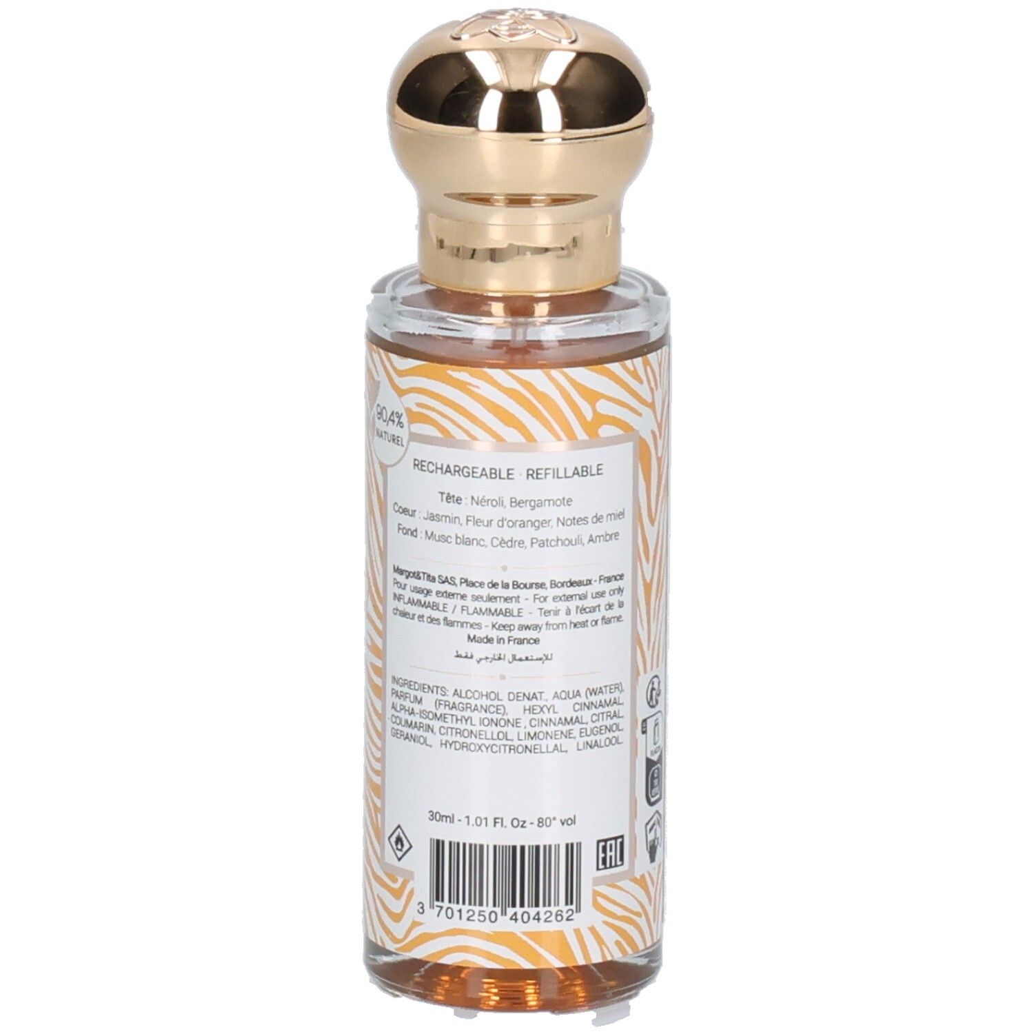 Arrière du flacon Margot & Tita Énigmatique Eau de Parfum avec liste d'ingrédients et mention 30ml.