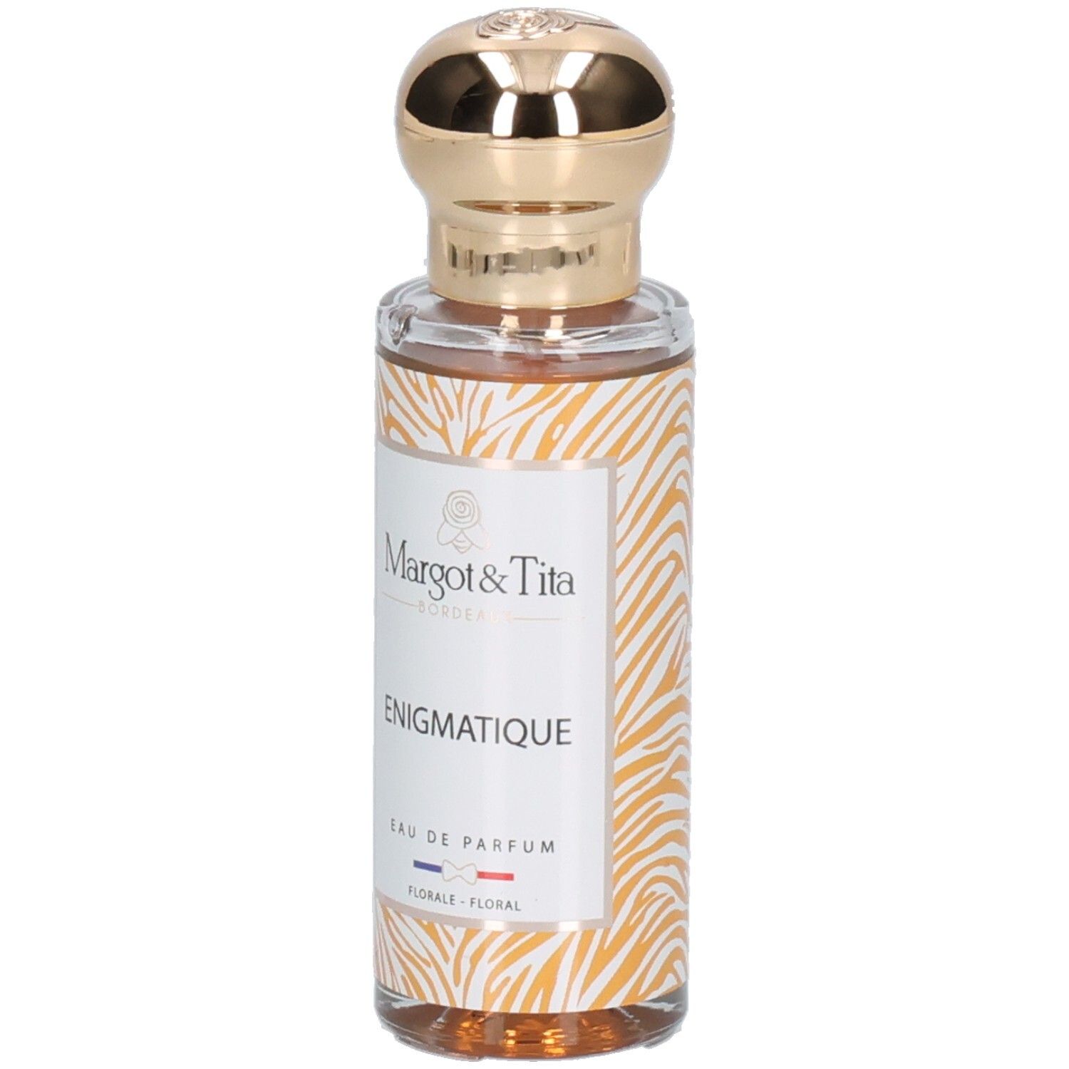 Margot & Tita Énigmatique Eau de Parfum, flacon en verre avec bouchon doré et motif animalier.