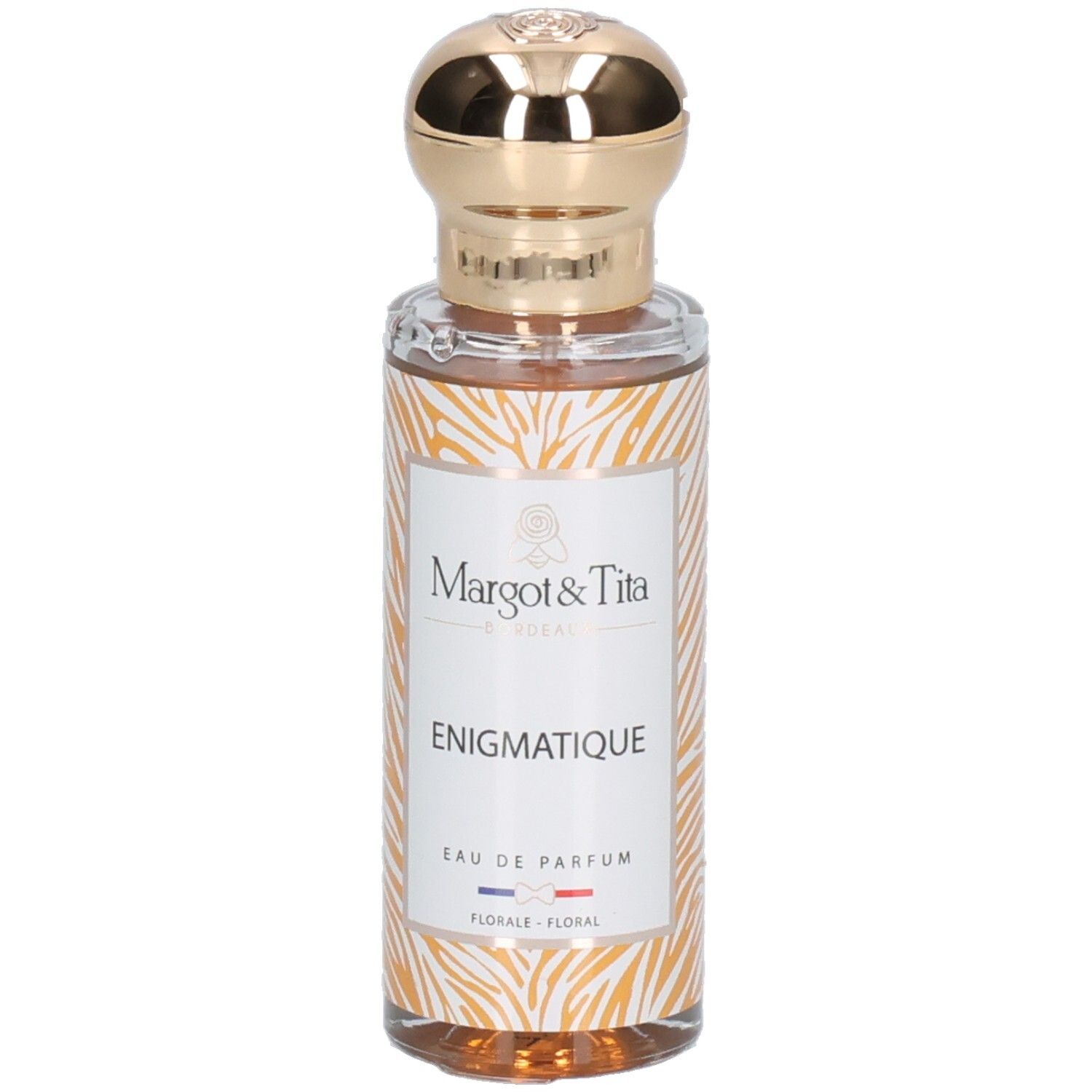 Margot & Tita Énigmatique Eau de Parfum, flacon en verre avec bouchon doré et motif animalier.