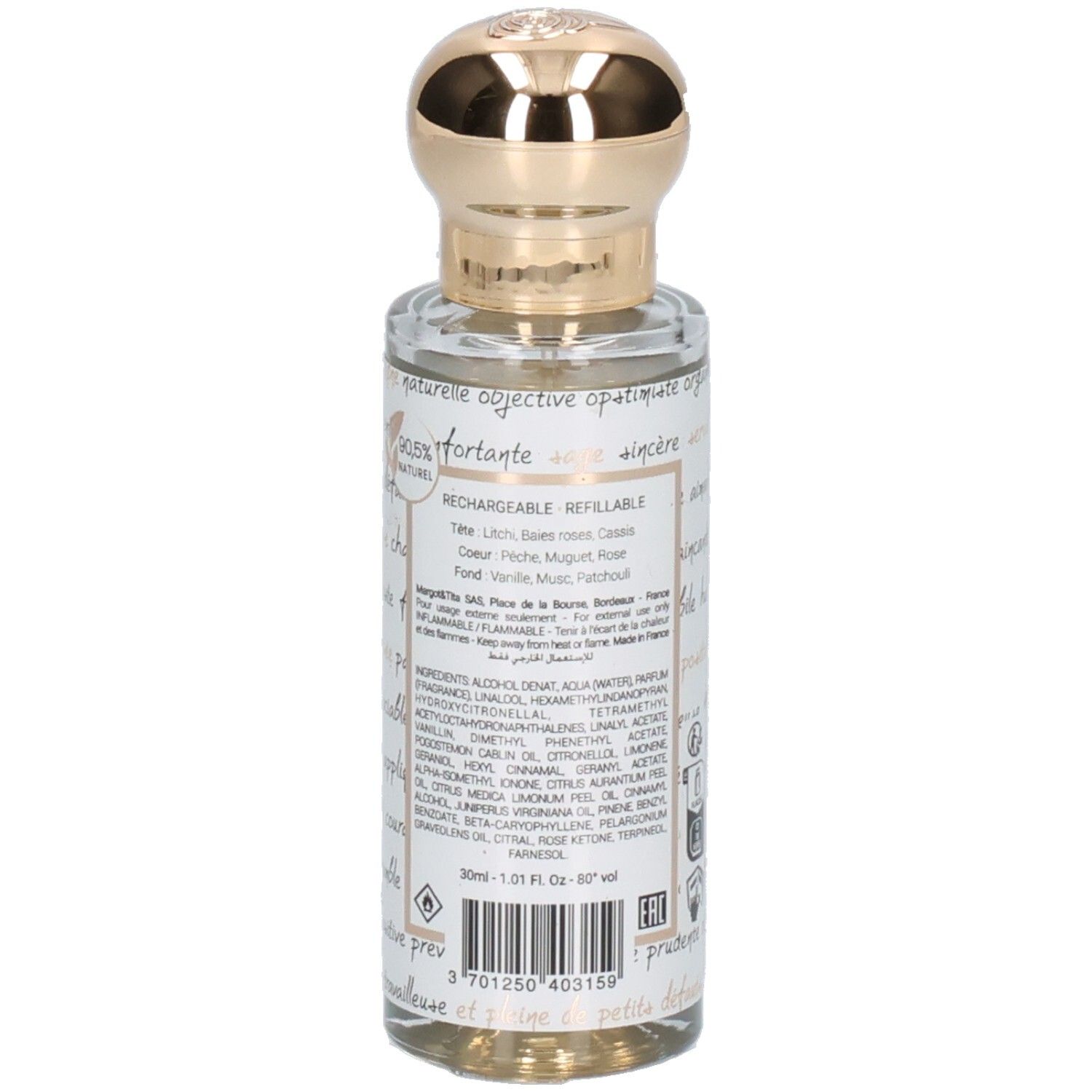 Vue détaillée du flacon Margot & Tita La Femme Parfaite Eau de Parfum 30ml avec niveau de remplissage.