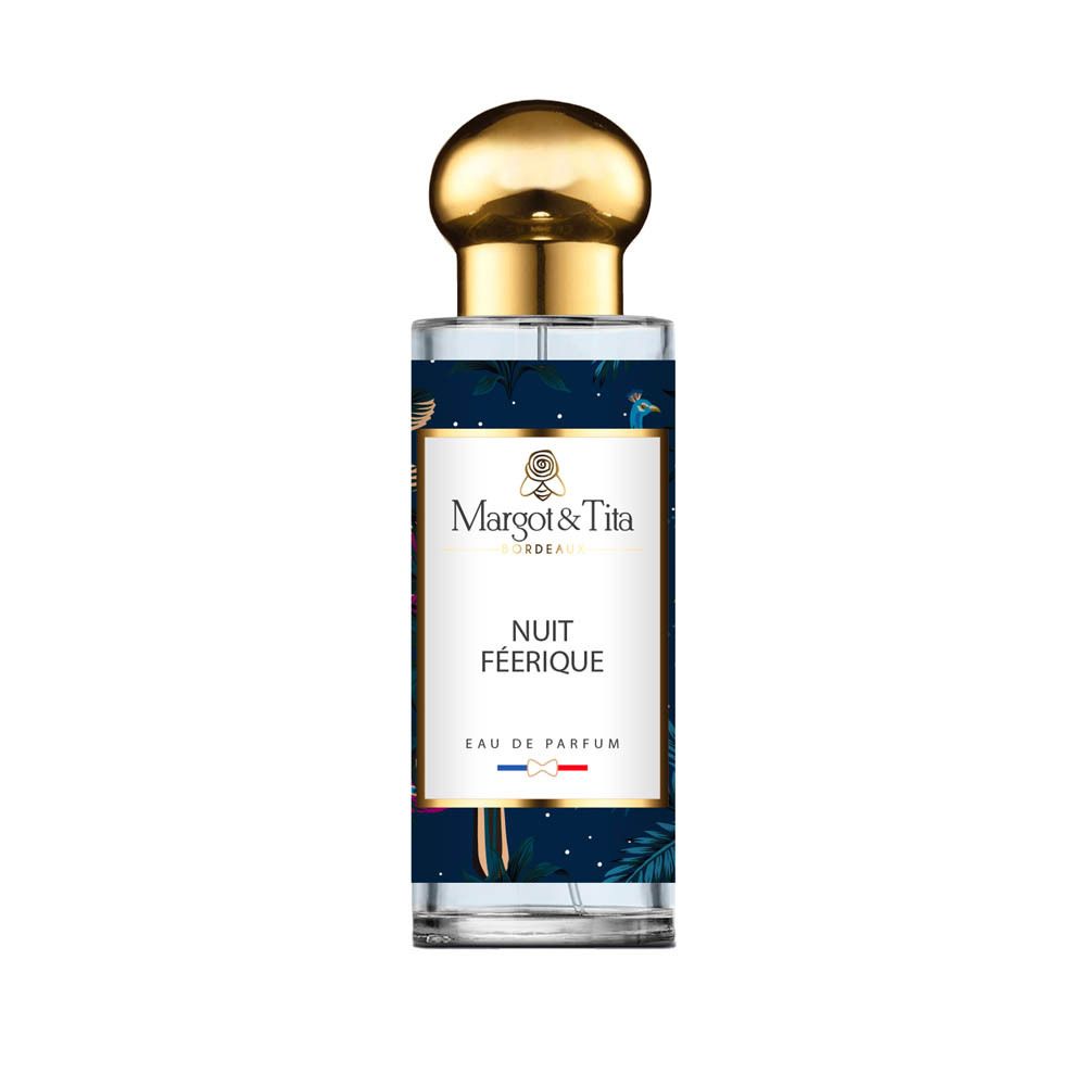 Flacon Margot & Tita Nuit Féérique Eau de Parfum avec bouchon doré et étiquette bleu nuit.