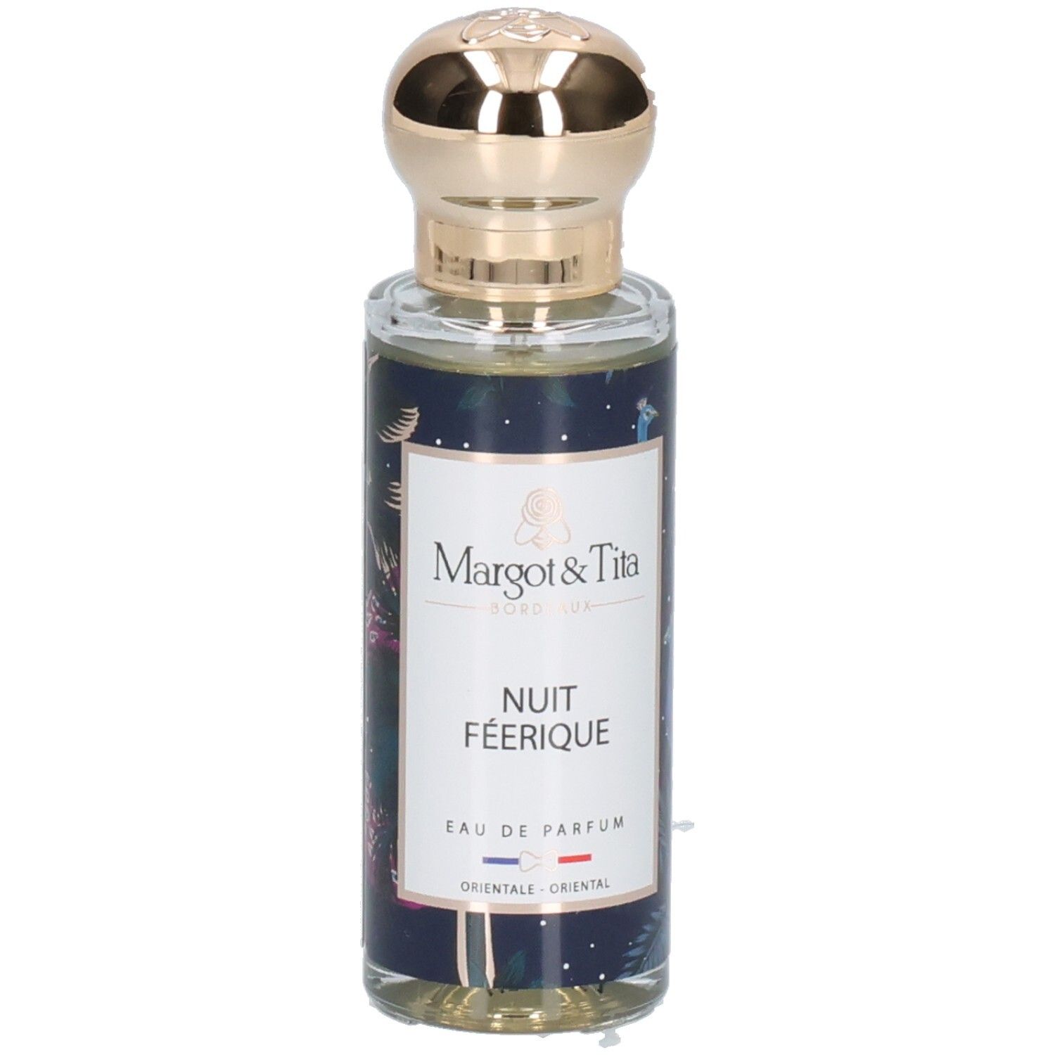Flacon Margot & Tita Nuit Féérique Eau de Parfum avec bouchon doré et étiquette bleu nuit.