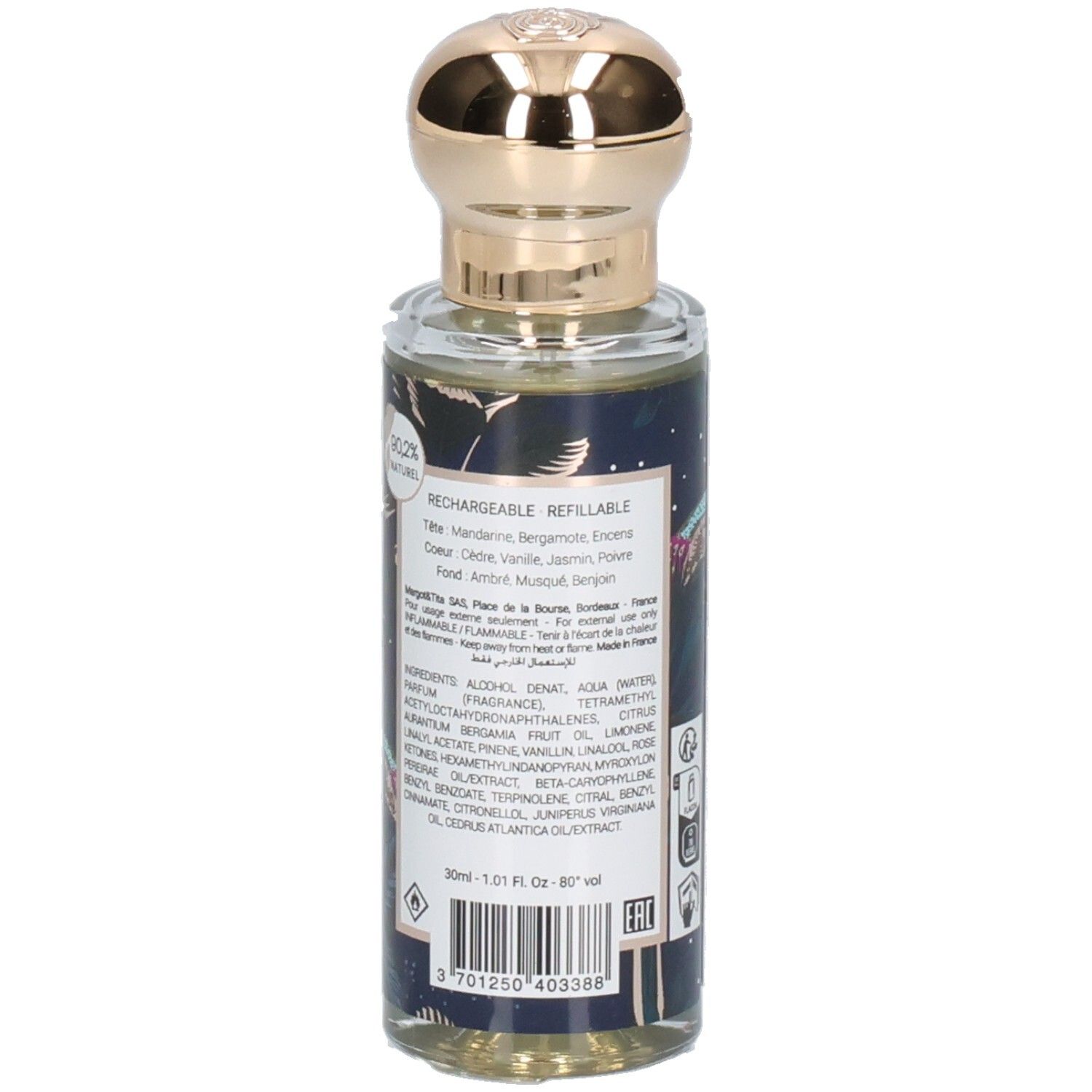 Arrière du flacon Margot & Tita Nuit Féérique Eau de Parfum, rechargeable, avec indication 30ml.