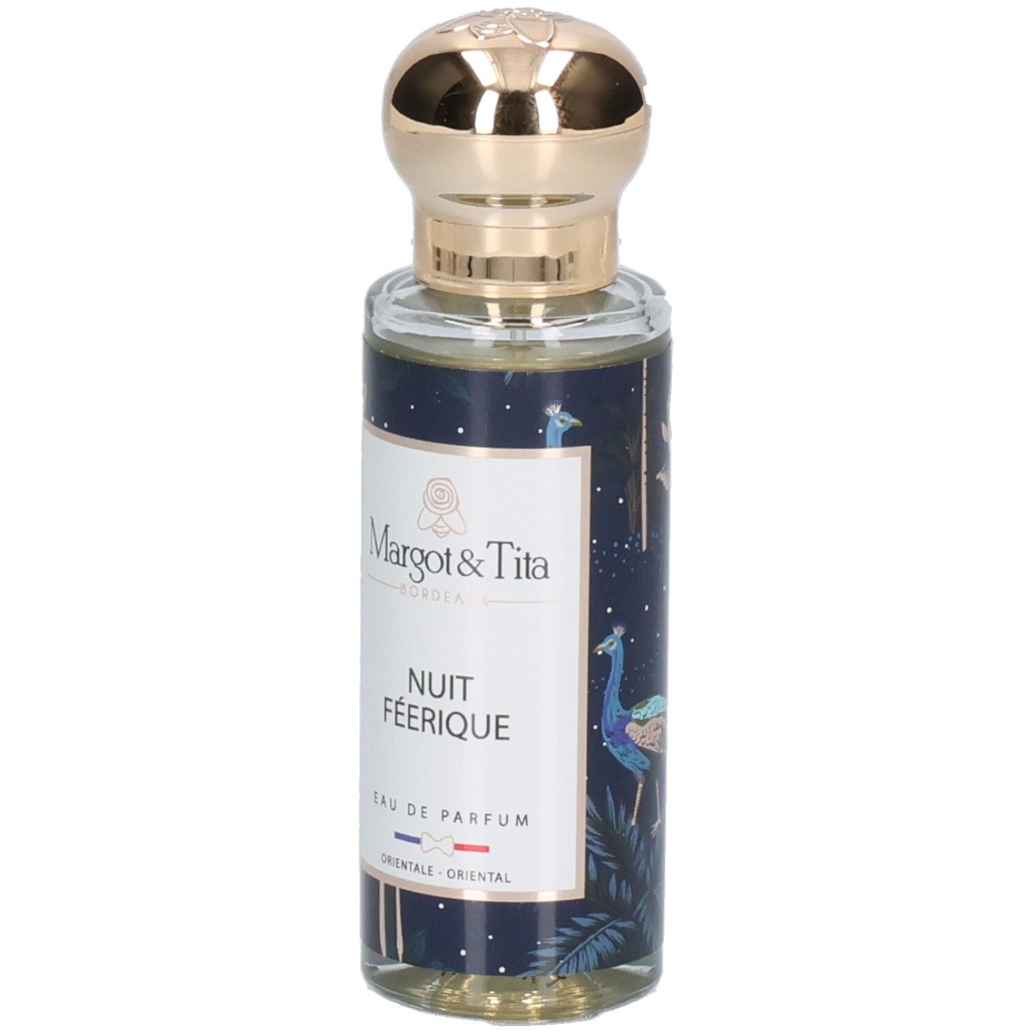 Flacon Margot & Tita Nuit Féérique Eau de Parfum avec motif paon et bouchon doré.