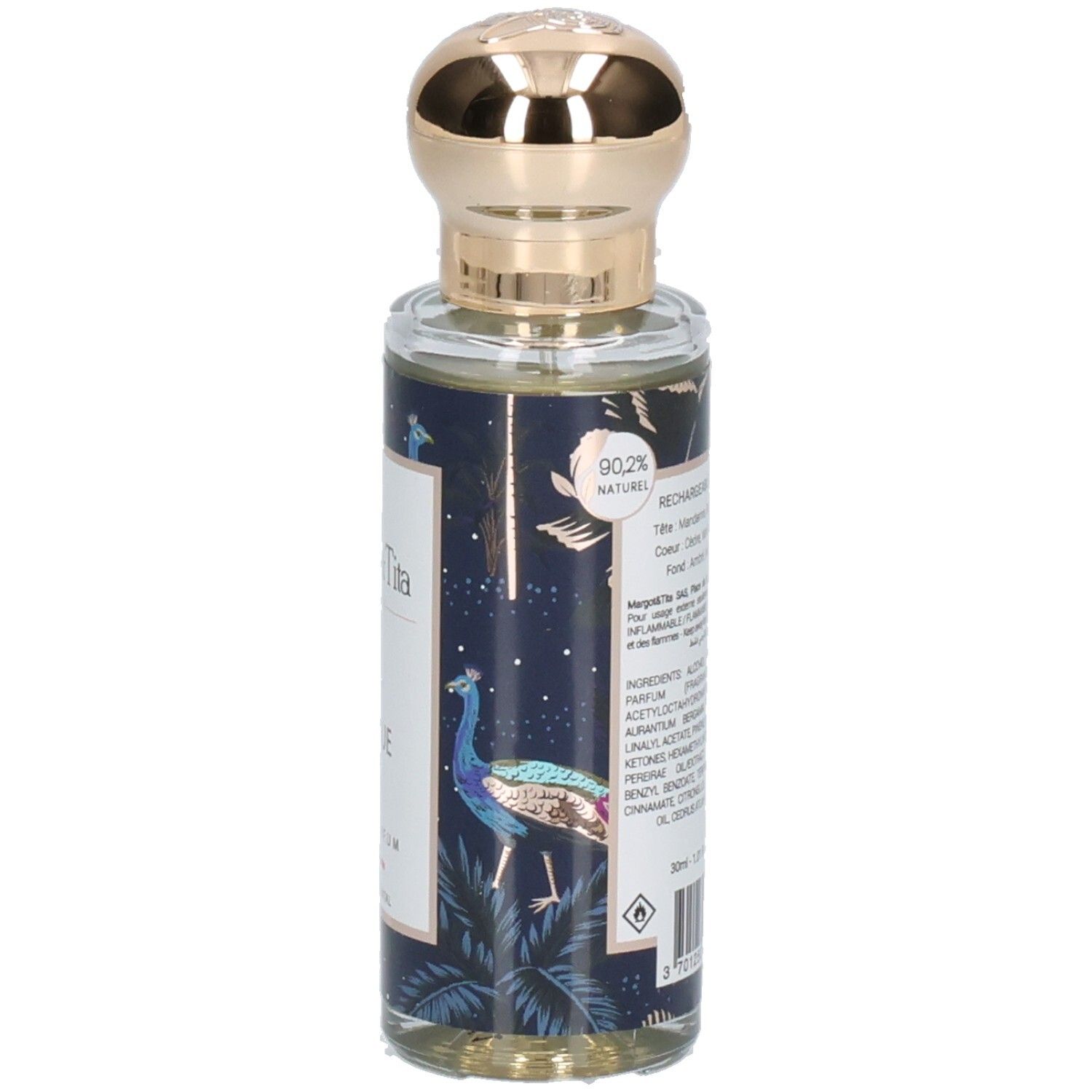 Flacon Margot & Tita Nuit Féérique Eau de Parfum avec motif paon, 90,2% naturel.