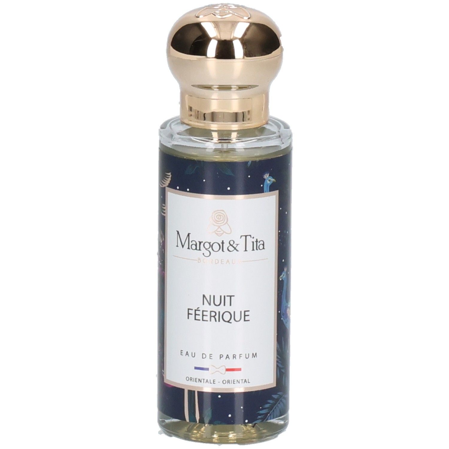 Flacon Margot & Tita Nuit Féérique Eau de Parfum avec étoiles et motif paon, bouchon doré.