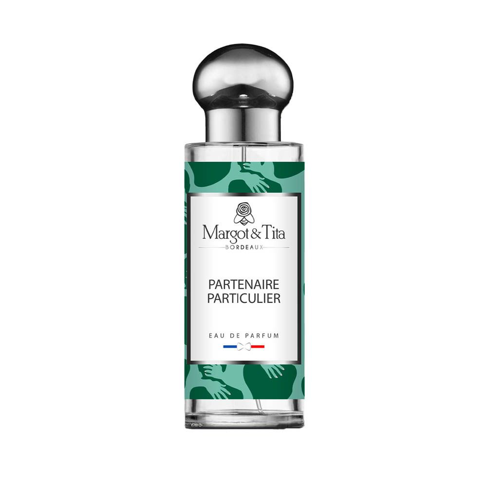 Parfum Margot & Tita : Partenaire Particulier Eau de Parfum. Flacon vert à motif d'étreintes. Bouchon argenté.