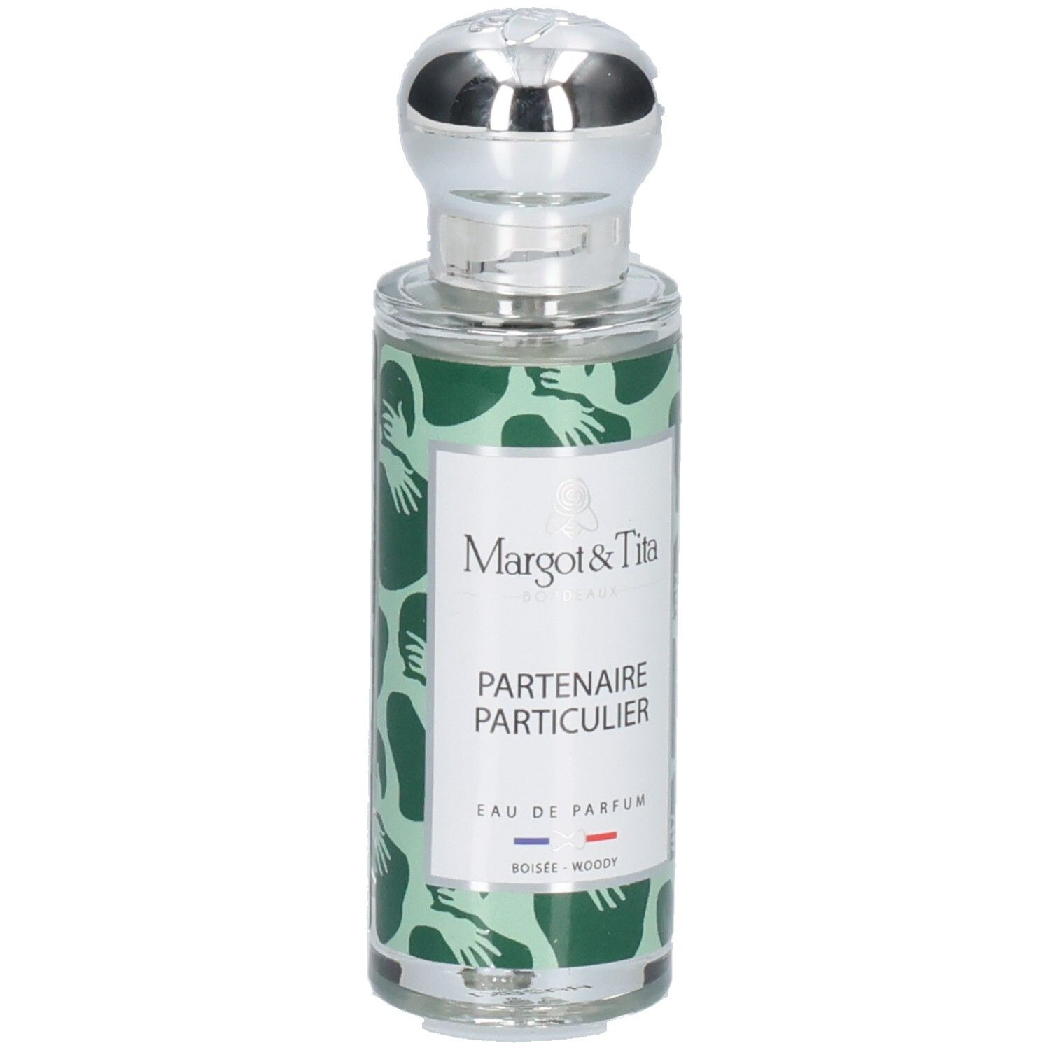 Parfum Margot & Tita : Partenaire Particulier Eau de Parfum. Flacon vert à motif d'étreintes. Bouchon argenté.
