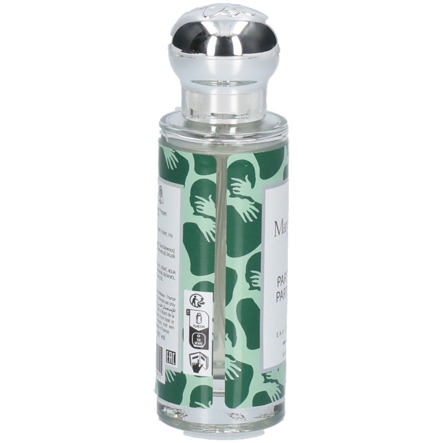 Parfum Margot & Tita : Arrière du flacon avec ingrédients et code-barres. Flacon vert à motif d'étreintes.