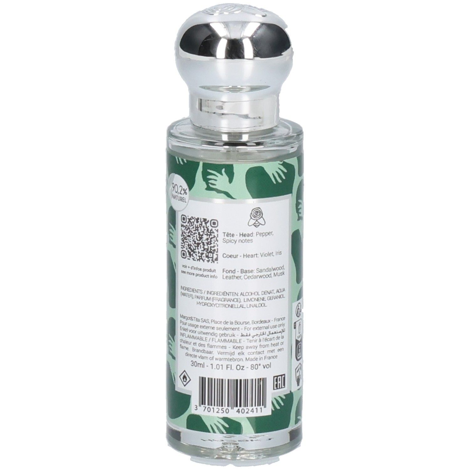 Parfum Margot & Tita : Arrière du flacon avec QR code et mention 90,2% naturel. Flacon vert à motif d'étreintes.