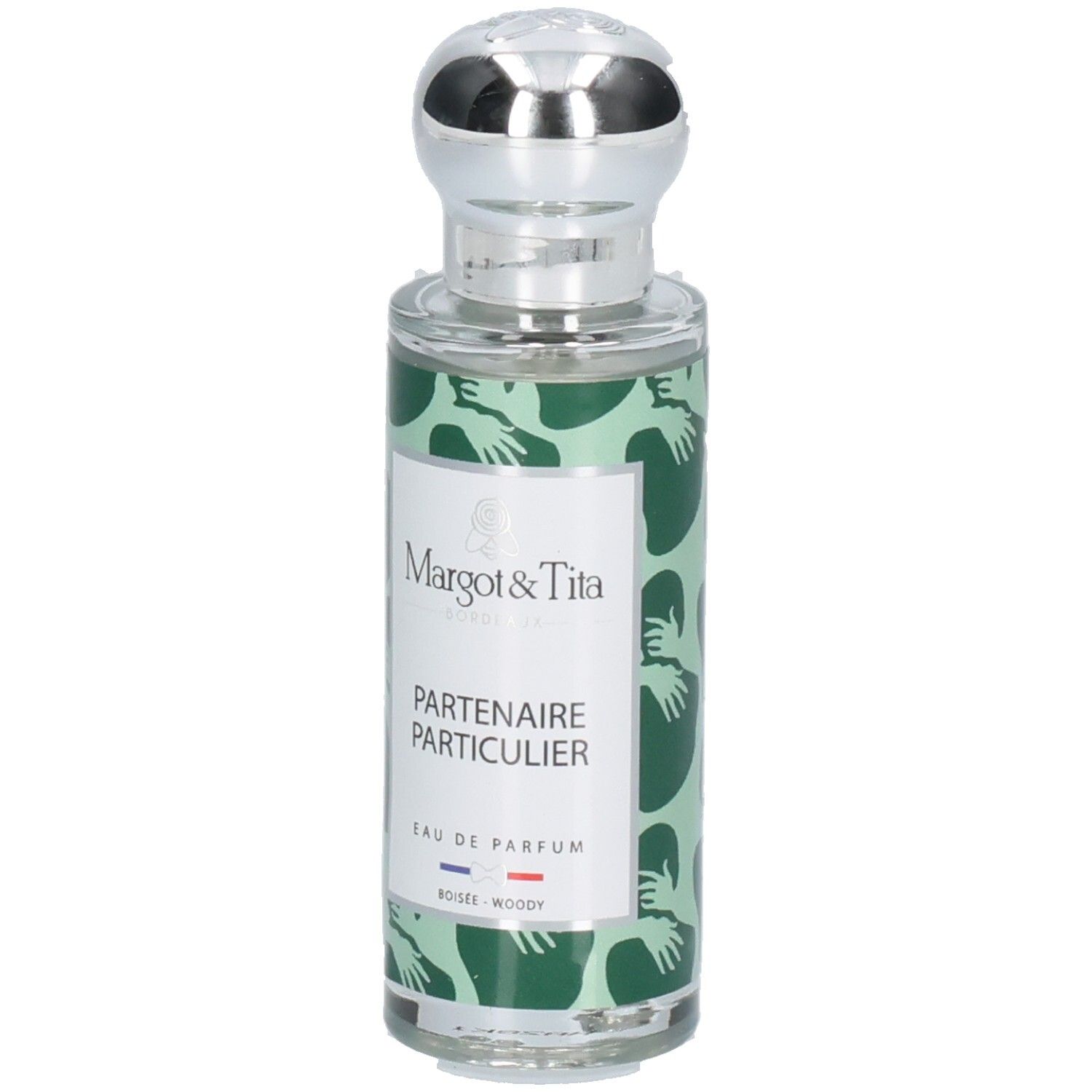 Parfum Margot & Tita : Partenaire Particulier Eau de Parfum. Flacon vert à motif d'étreintes. Bouchon argenté.