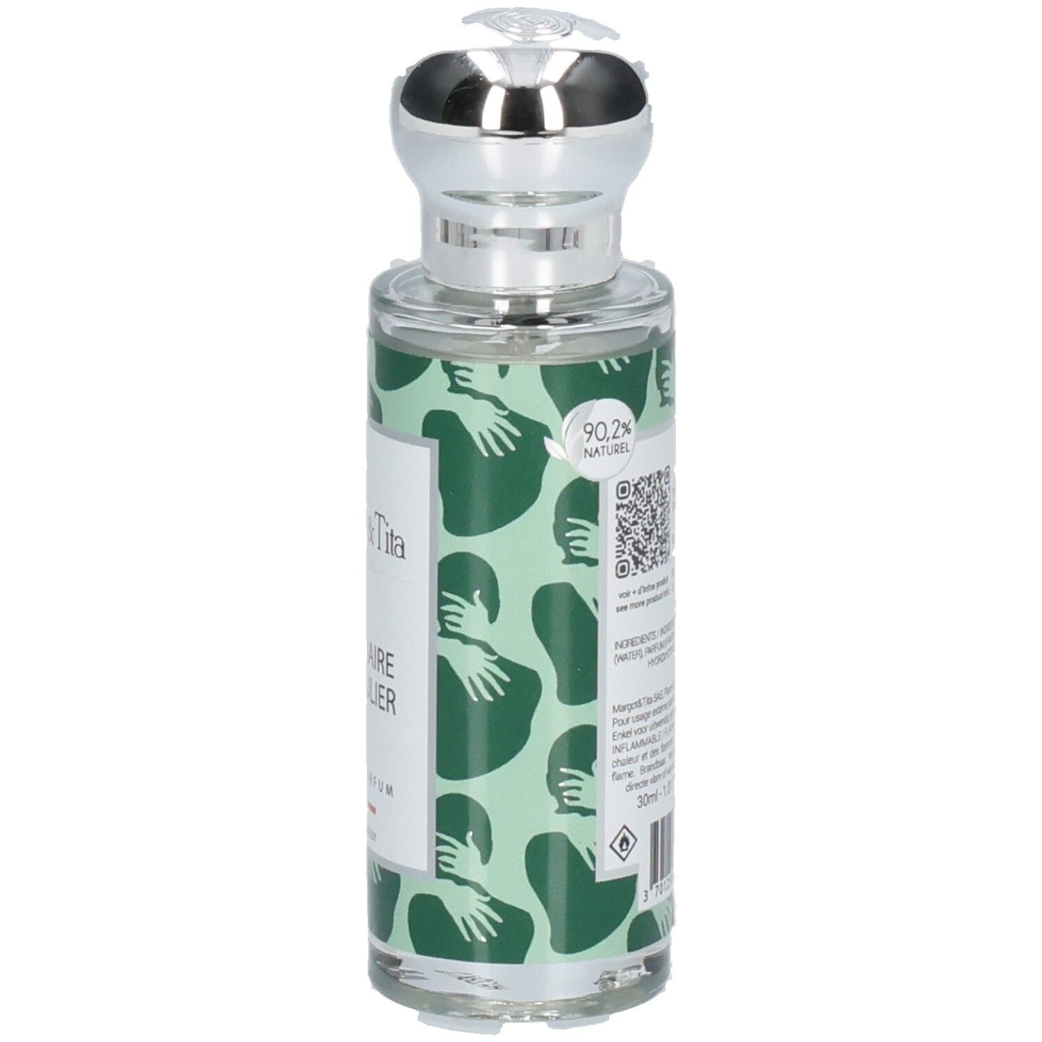 Parfum Margot & Tita : Vue latérale du flacon avec QR code et mention 90,2% naturel. Flacon vert à motif d'étreintes.