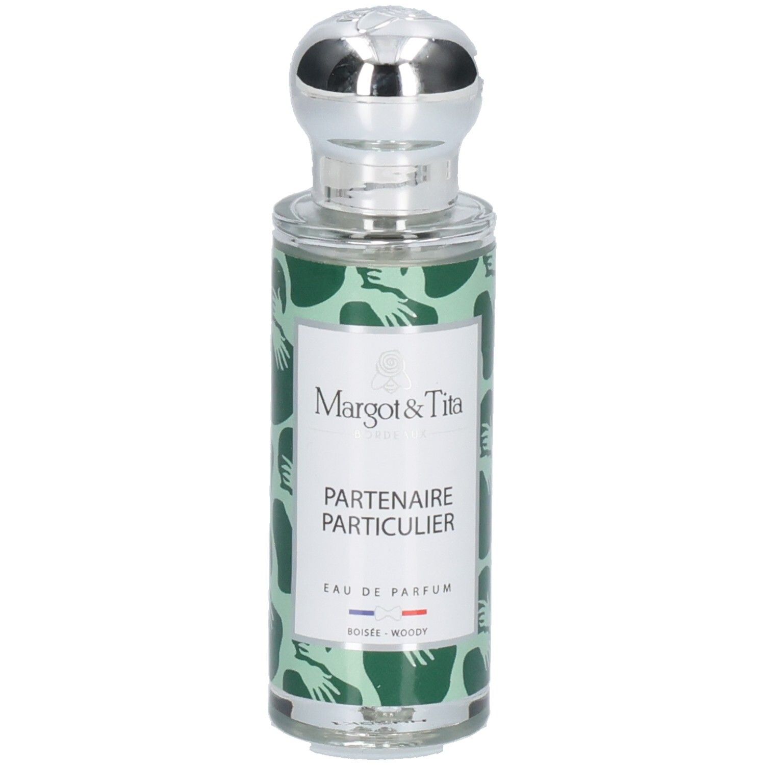 Parfum Margot & Tita : Partenaire Particulier Eau de Parfum. Flacon vert à motif d'étreintes. Bouchon argenté.