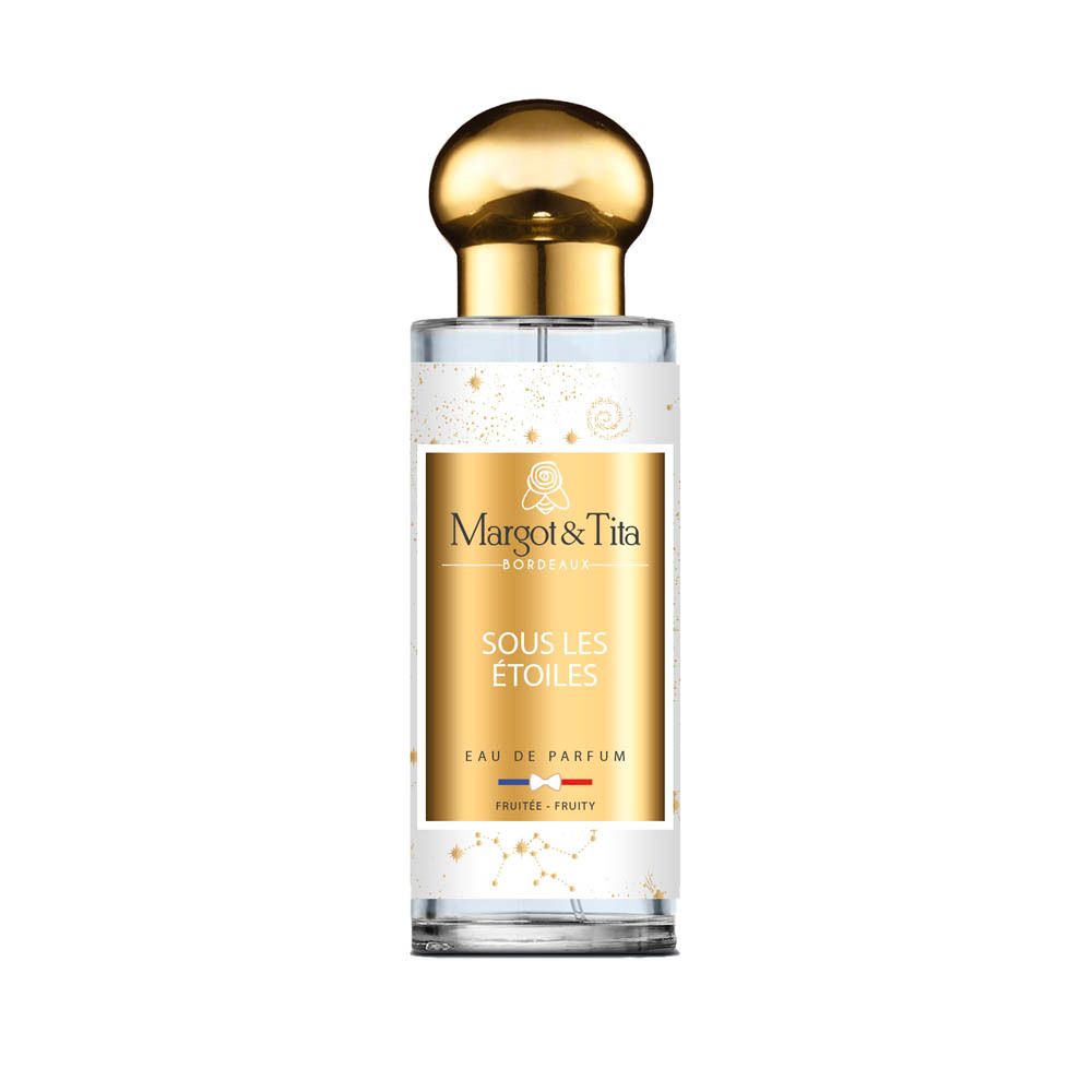 Flacon de parfum avec bouchon doré. Inscription: Margot & Tita, Sous Les Etoiles, Eau de Parfum. Drapeau français.
