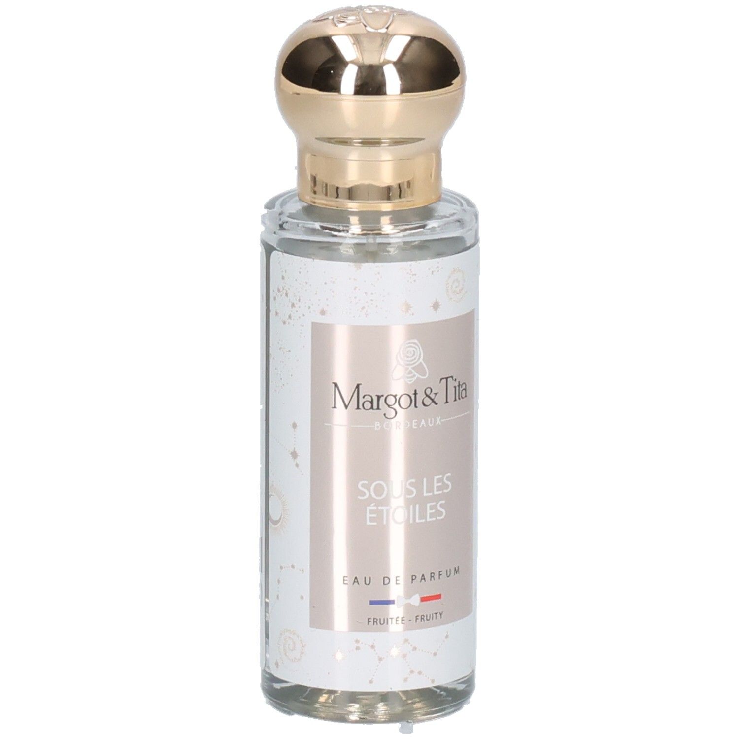 Flacon de parfum avec bouchon doré. Inscription: Margot & Tita, Sous Les Etoiles, Eau de Parfum. Drapeau français.