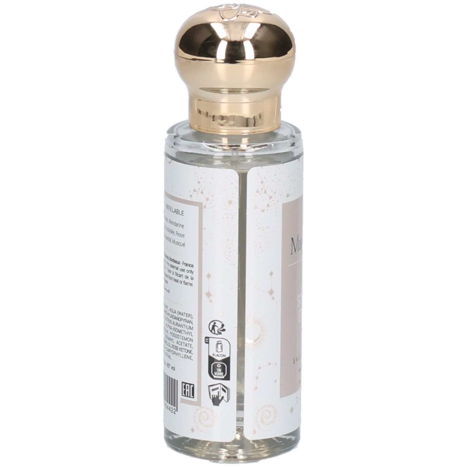 Flacon de parfum avec bouchon doré. Texte et symboles au dos, dont un symbole de recyclage.