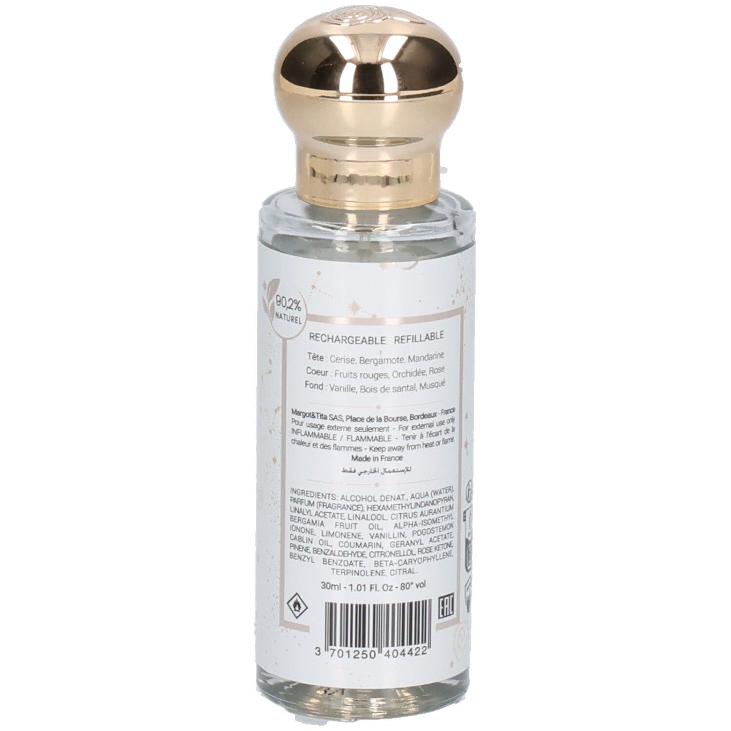 Flacon de parfum avec bouchon doré. Texte au dos avec ingrédients et symbole de recyclage.