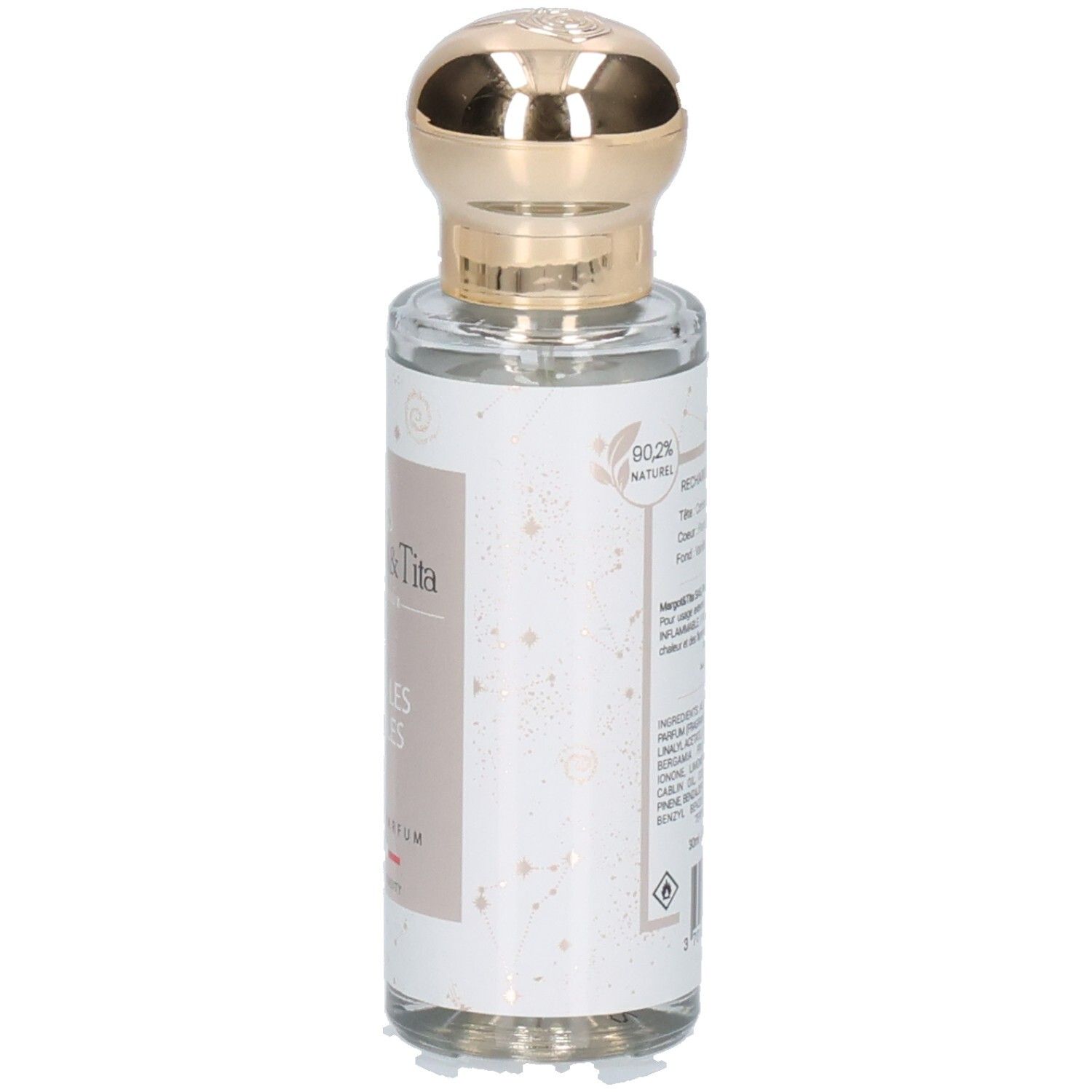 Flacon de parfum avec bouchon doré. Inscription: Margot & Tita, Sous Les Etoiles, Eau de Parfum. Drapeau français.