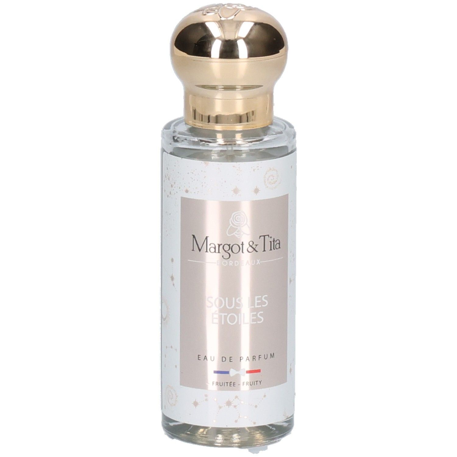 Flacon de parfum avec bouchon doré. Inscription: Margot & Tita, Sous Les Etoiles, Eau de Parfum. Drapeau français.