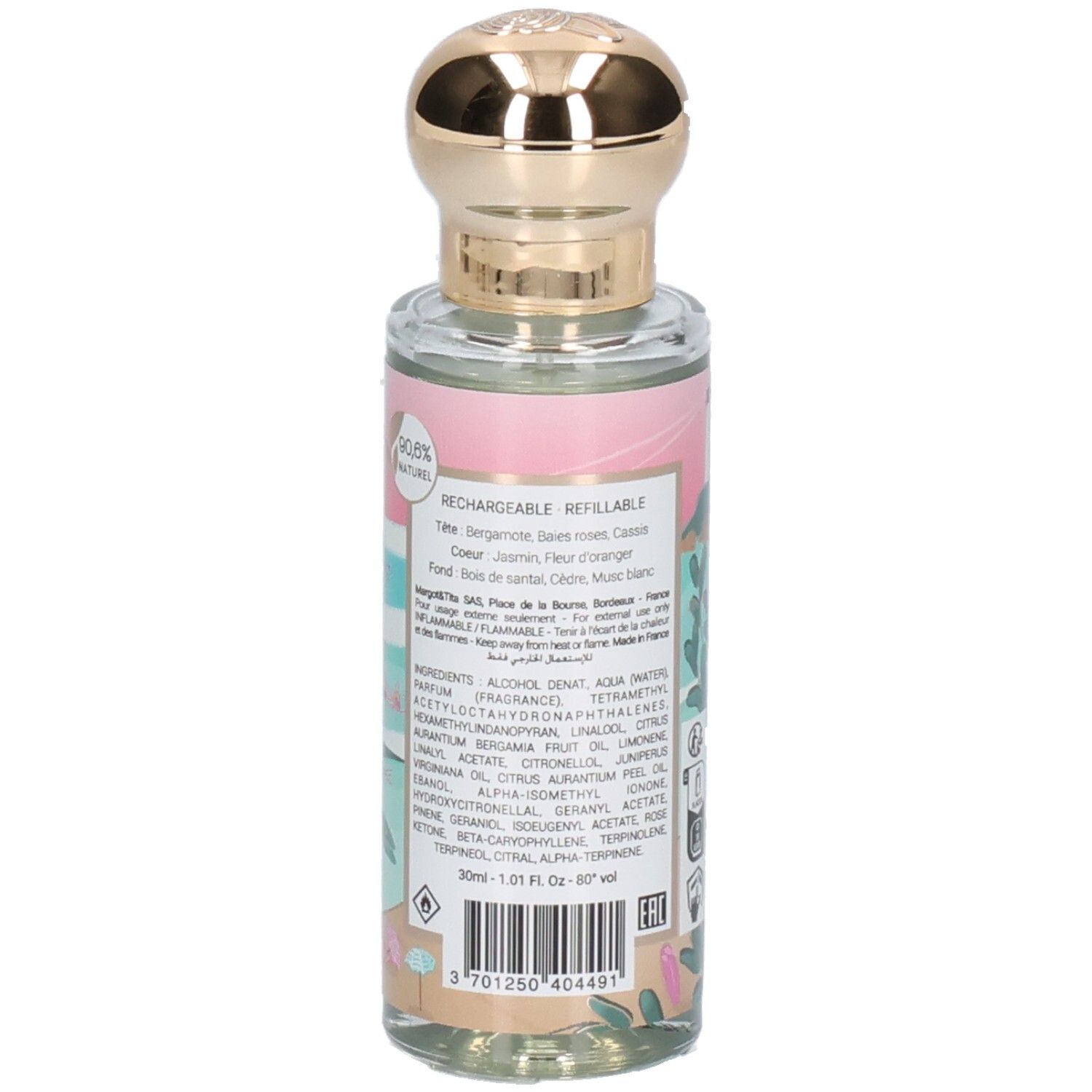 Arrière du flacon avec ingrédients, indication 30ml et "rechargeable". "Margot & Tita".
