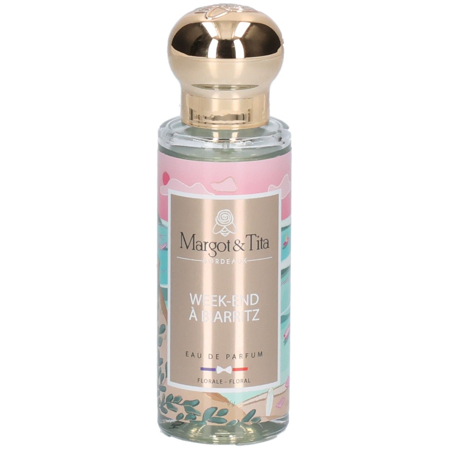 Flacon en verre avec bouchon doré. Étiquette "Margot & Tita" "Week-End à Biarritz" Eau de Parfum.