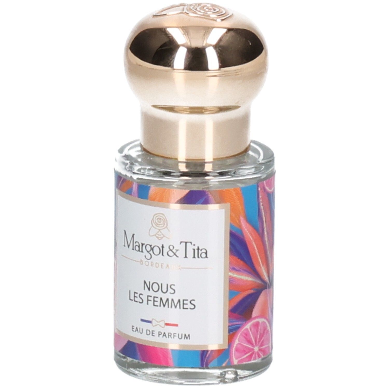 Flacon de parfum Margot & Tita Eau de Parfum avec bouchon doré et motif floral coloré.