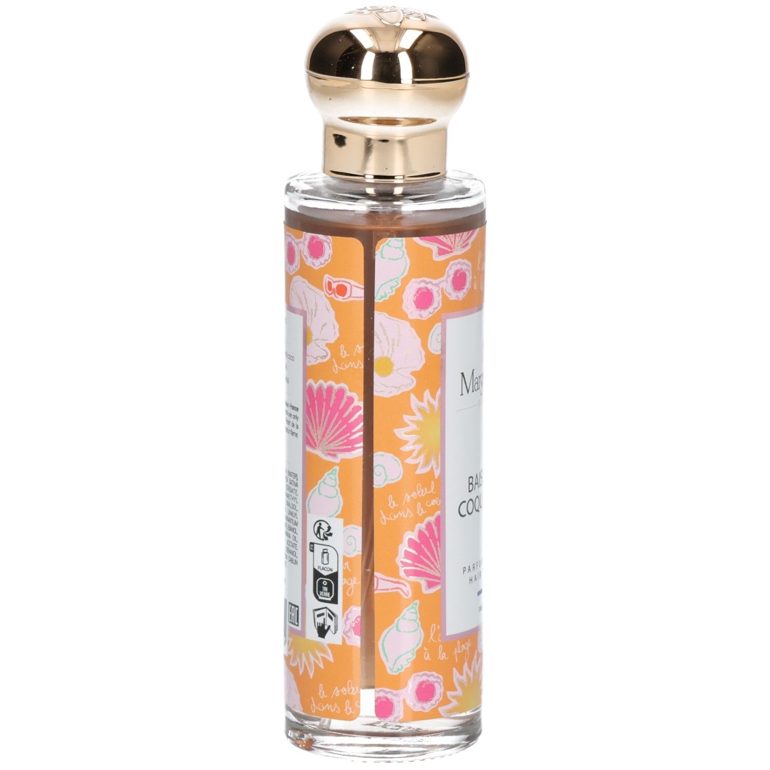 Arrière du parfum pour cheveux. Flacon de verre avec bouchon doré et étiquette orange.