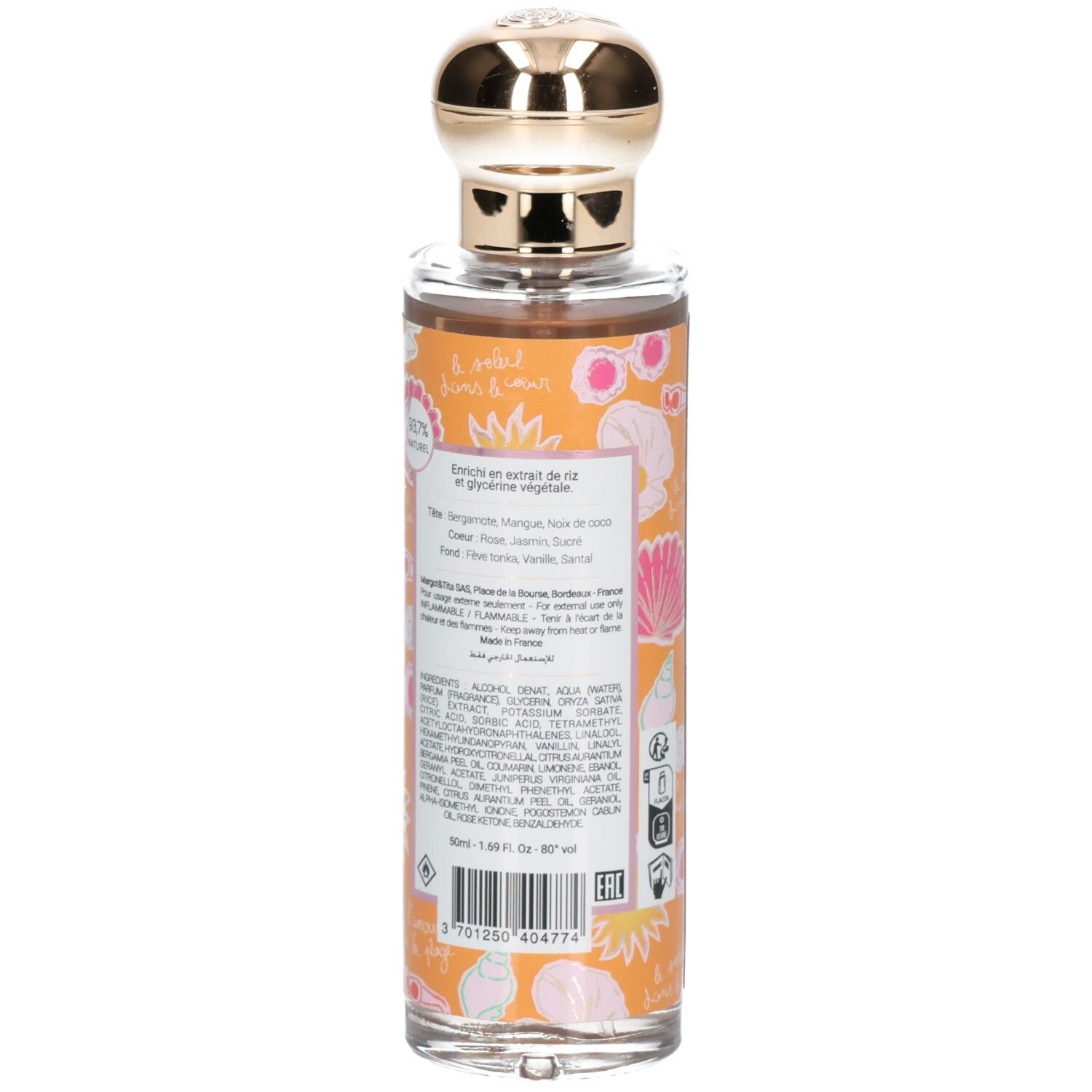 Arrière du parfum pour cheveux avec liste d'ingrédients et code-barres. Flacon de verre.