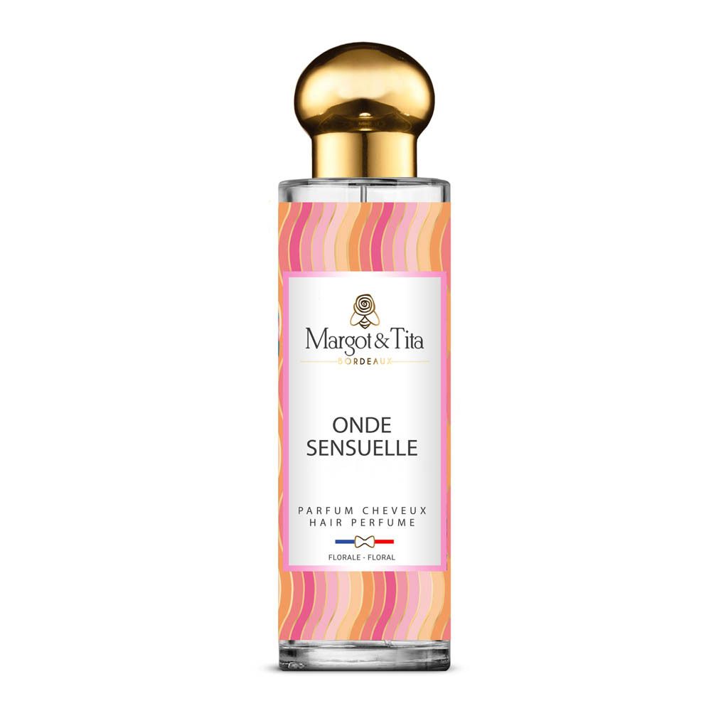 Flacon de parfum avec bouchon doré. Inscription: Onde Sensuelle, Parfum Cheveux. Marque: Margot & Tita.