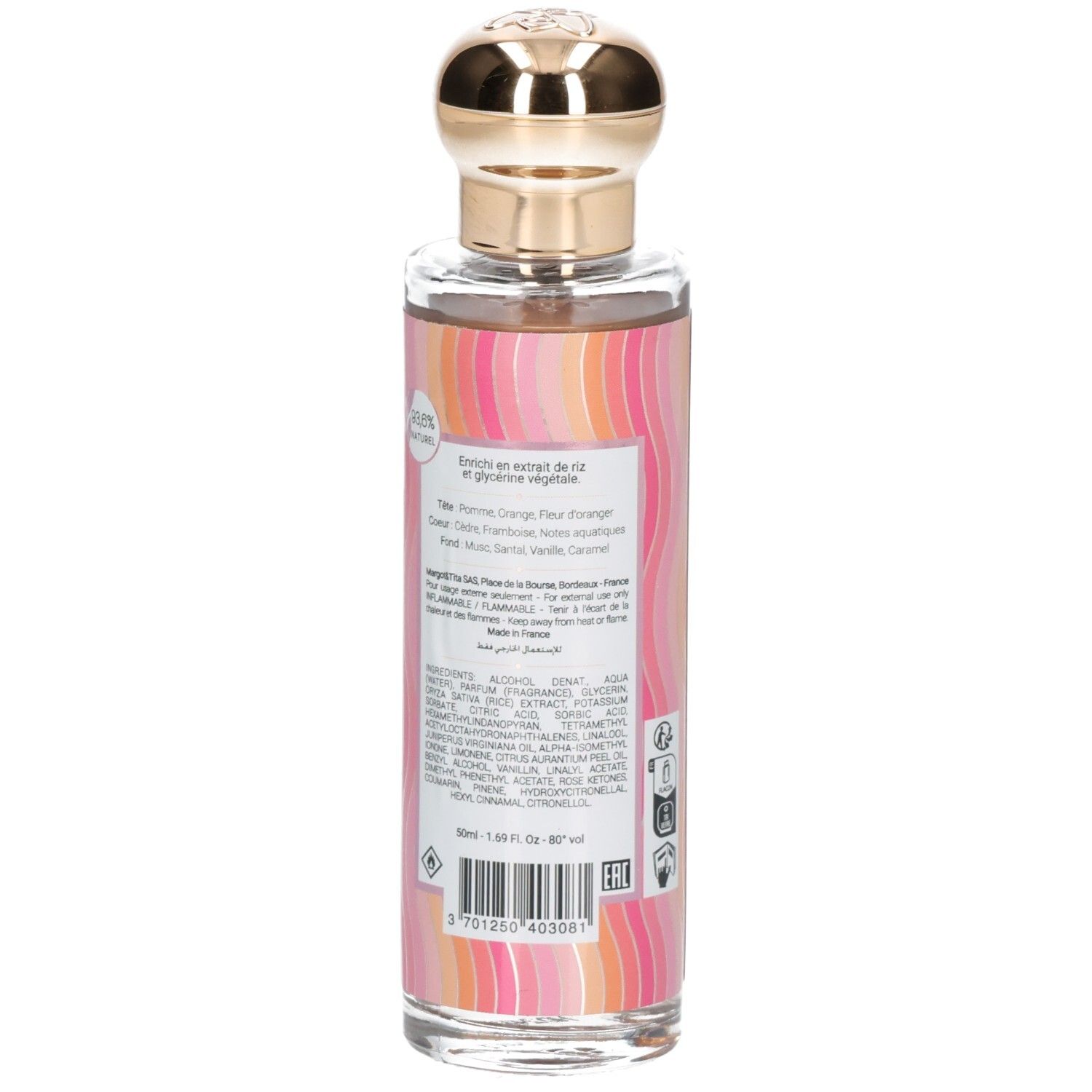 Flacon de parfum avec bouchon doré. Dos avec texte et ingrédients. Marque: Margot & Tita.