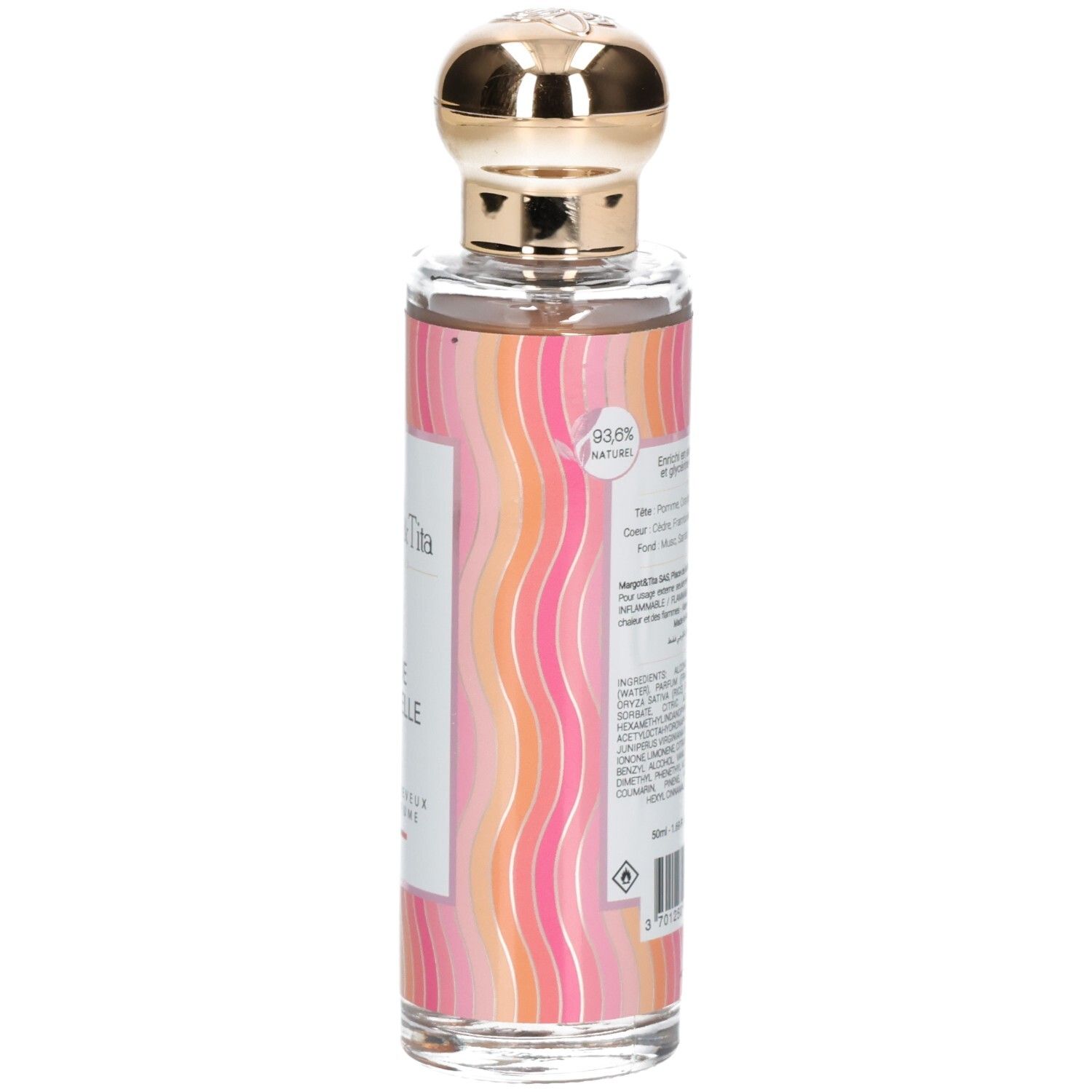Flacon de parfum avec bouchon doré. Inscription: Onde Sensuelle. Marque: Margot & Tita. 93,8% naturel.