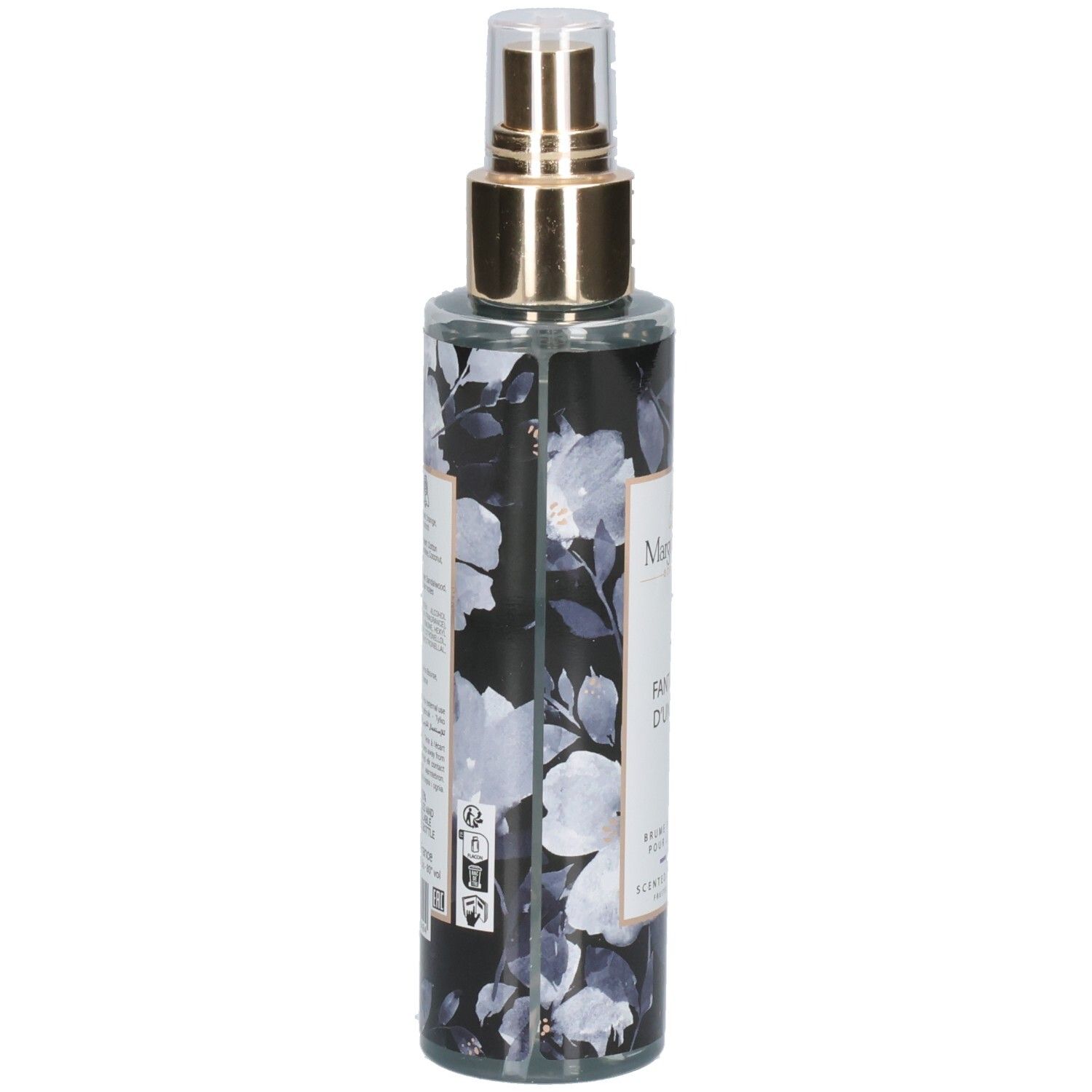 Vue latérale du Margot & Tita Fantasme Un Soir Bodyspray. Flacon transparent à motif floral et vaporisateur doré.