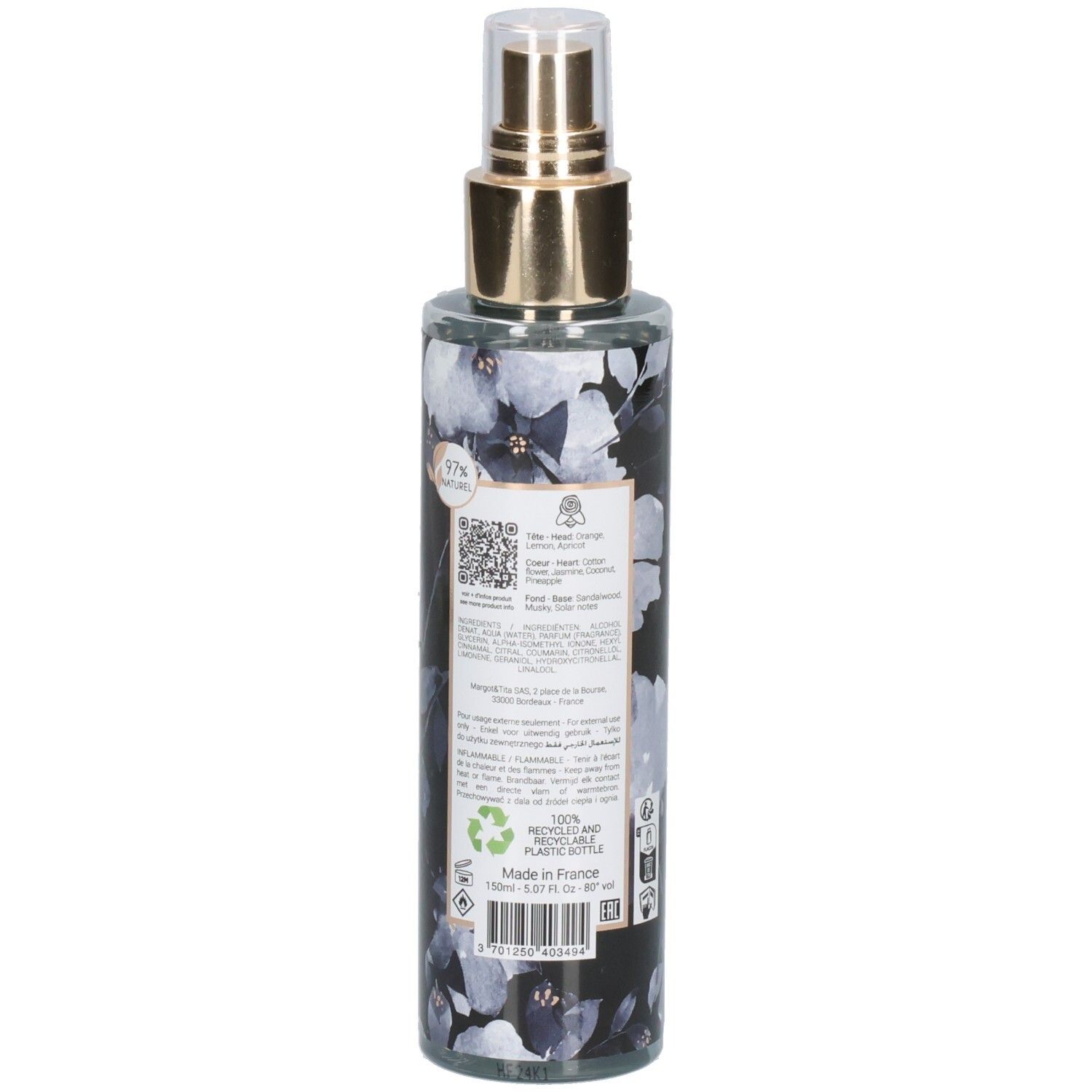 Arrière du Margot & Tita Fantasme Un Soir Bodyspray. Contient des informations sur la composition et l'origine.