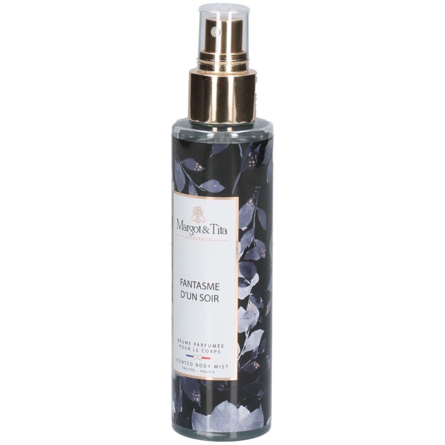 Margot & Tita Fantasme Un Soir Bodyspray, 200ml. Flacon transparent à motif floral et vaporisateur doré.
