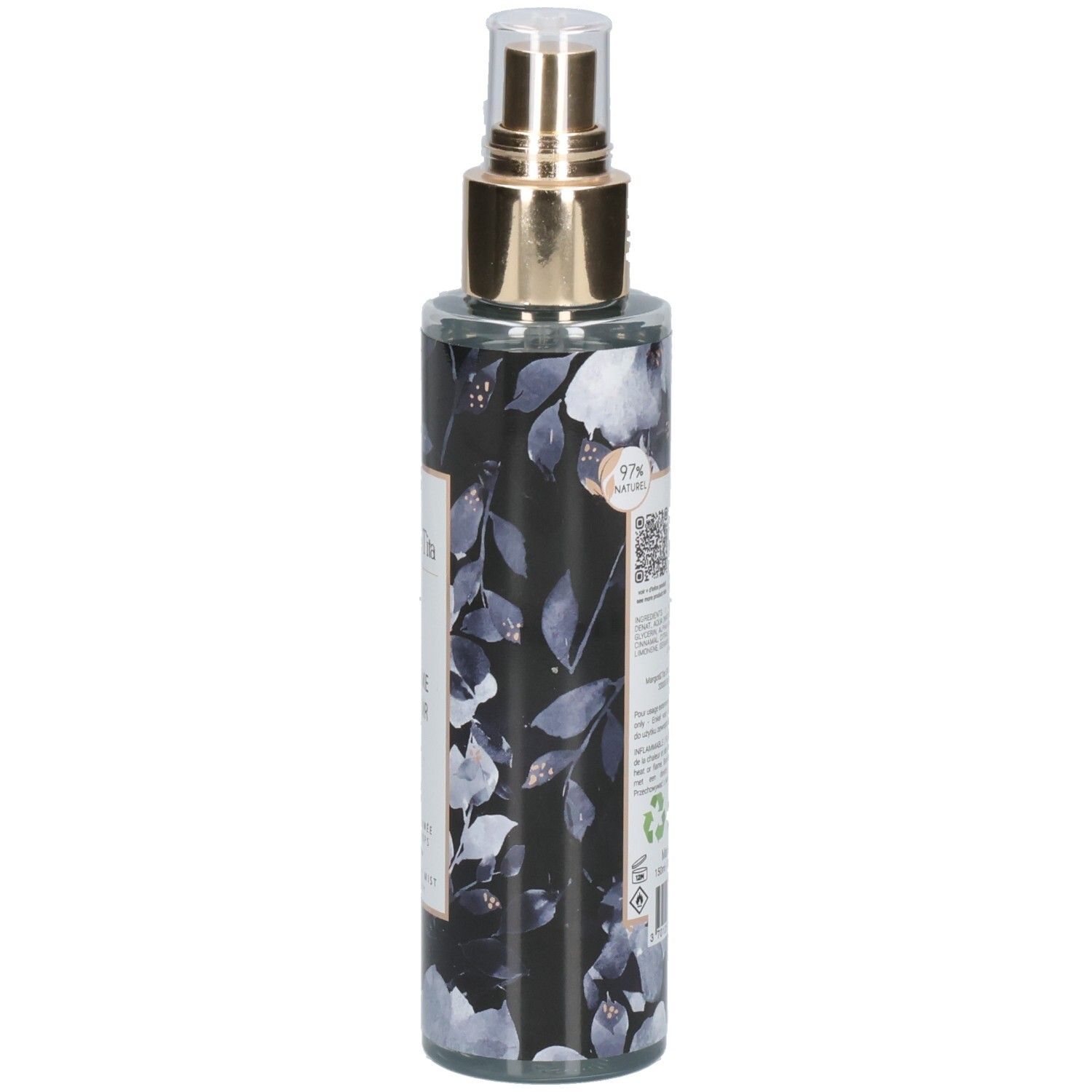 Vue latérale du Margot & Tita Fantasme Un Soir Bodyspray. Flacon transparent à motif floral et vaporisateur doré.