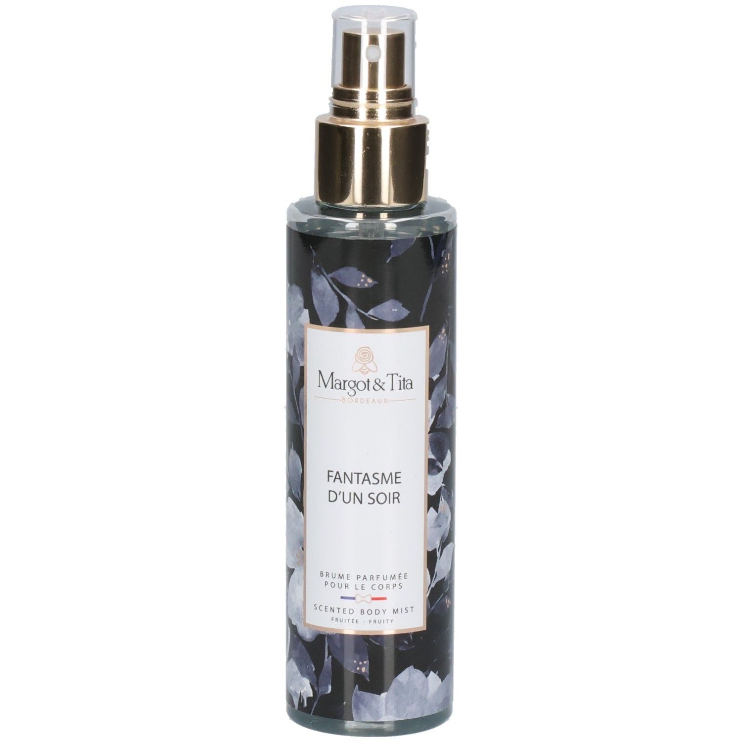 Margot & Tita Fantasme Un Soir Bodyspray, 200ml. Flacon transparent à motif floral et vaporisateur doré.