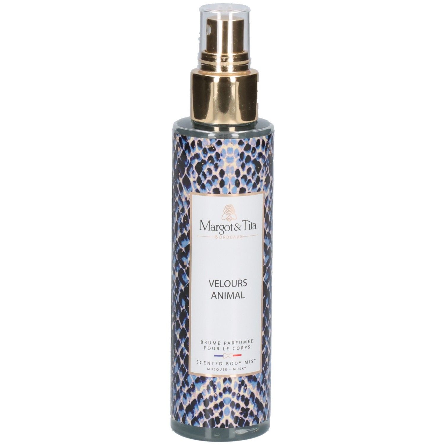Margot & Tita Velours Animal Brume Parfumée pour le Corps avec tête de pulvérisation dorée et motif peau de serpent.