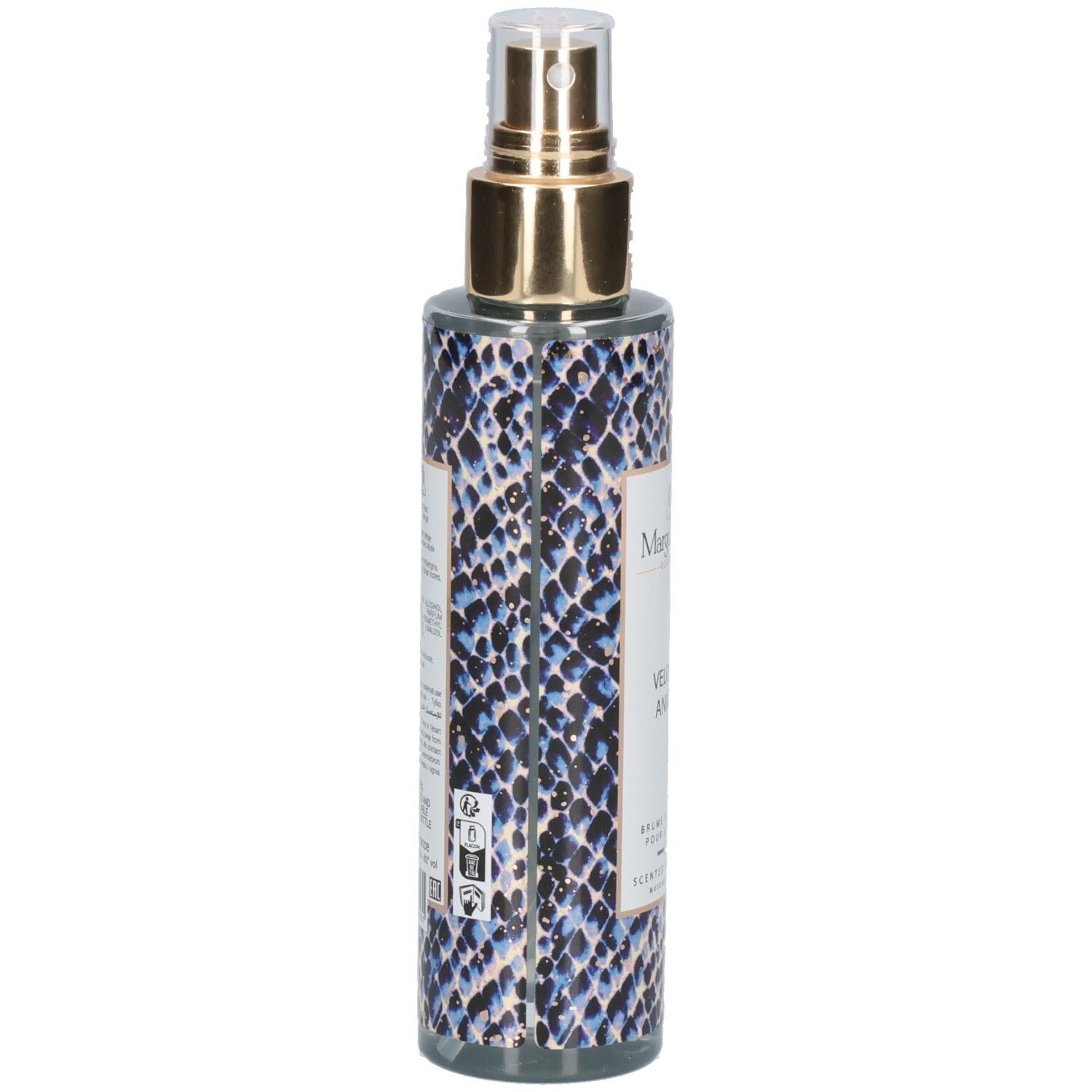 Margot & Tita Velours Animal Brume Parfumée pour le Corps, vue latérale avec motif peau de serpent et tête de pulvérisation dorée.