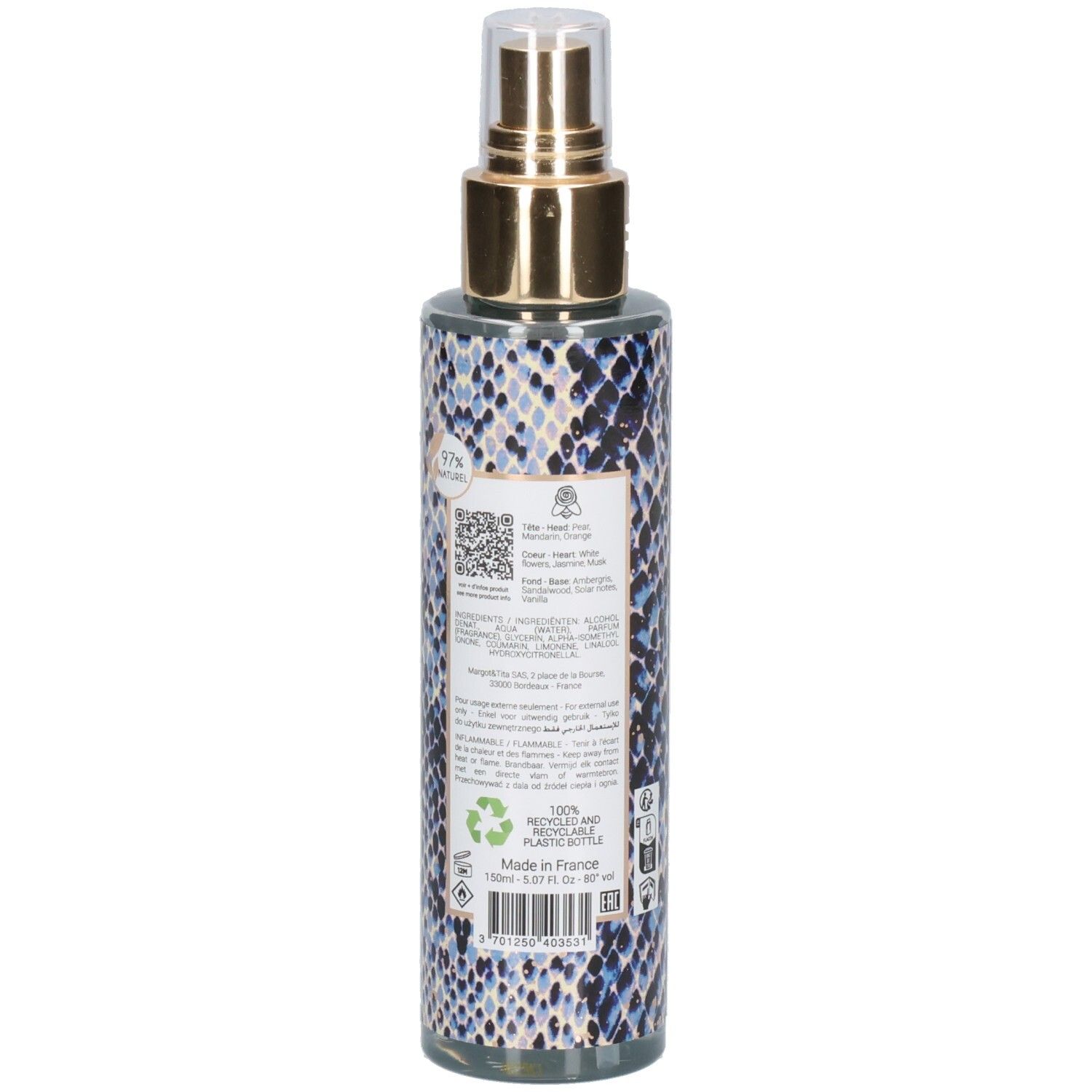 Margot & Tita Velours Animal Brume Parfumée pour le Corps, dos avec motif peau de serpent, tête de pulvérisation dorée et informations produit.