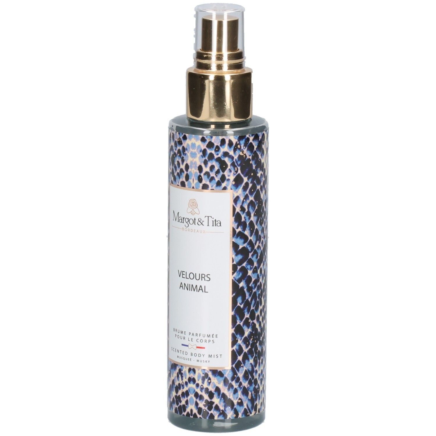 Margot & Tita Velours Animal Brume Parfumée pour le Corps avec tête de pulvérisation dorée et motif peau de serpent.
