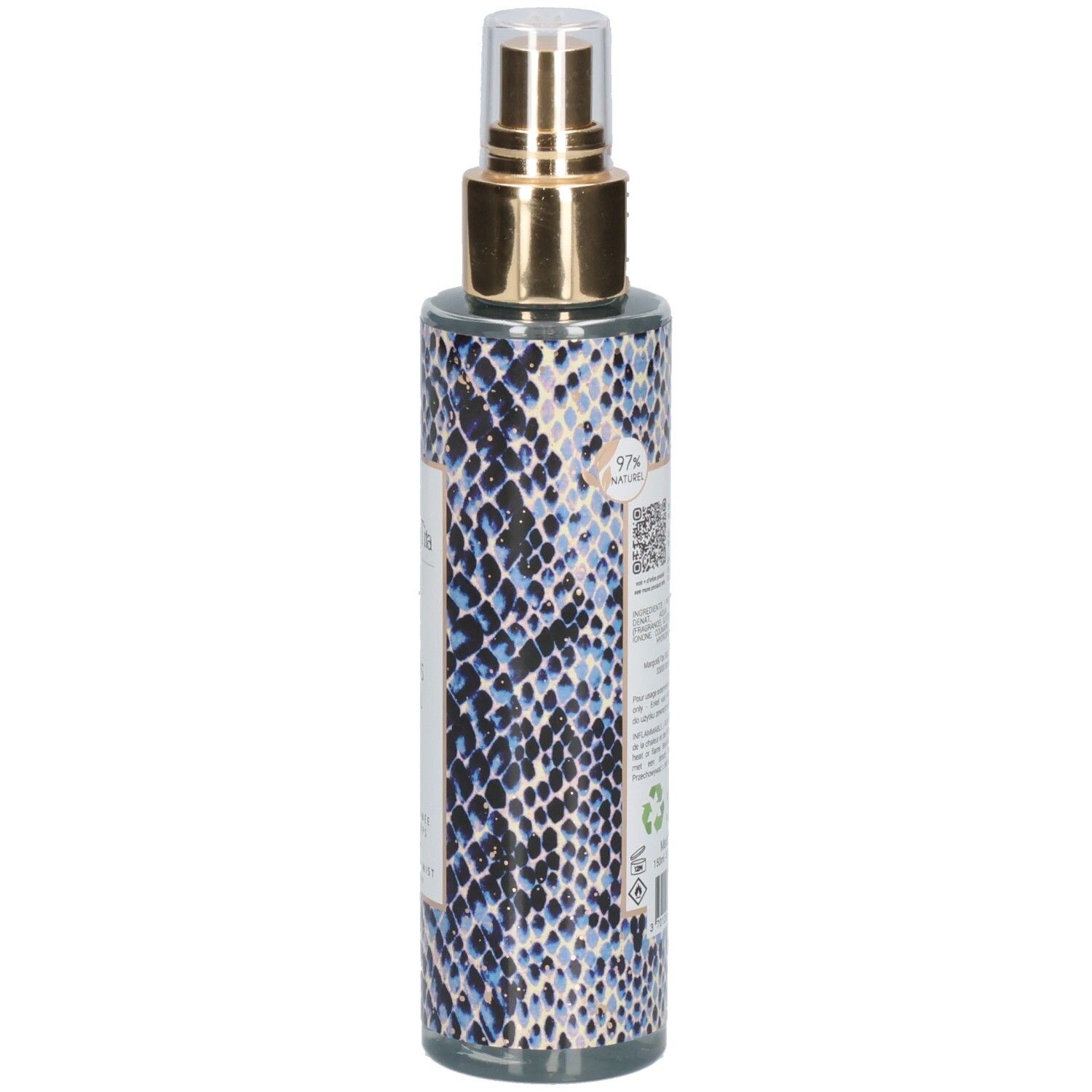 Margot & Tita Velours Animal Brume Parfumée pour le Corps, vue latérale avec motif peau de serpent et tête de pulvérisation dorée.