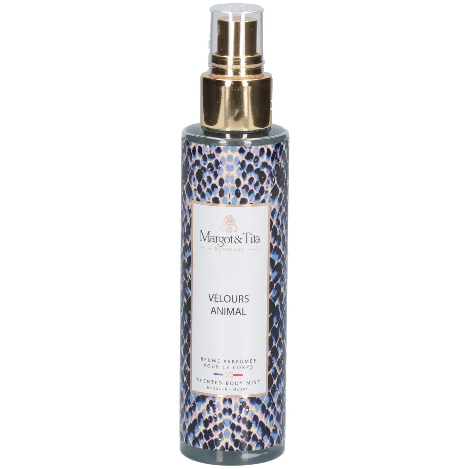Margot & Tita Velours Animal Brume Parfumée pour le Corps, dos avec motif peau de serpent, tête de pulvérisation dorée et informations produit.