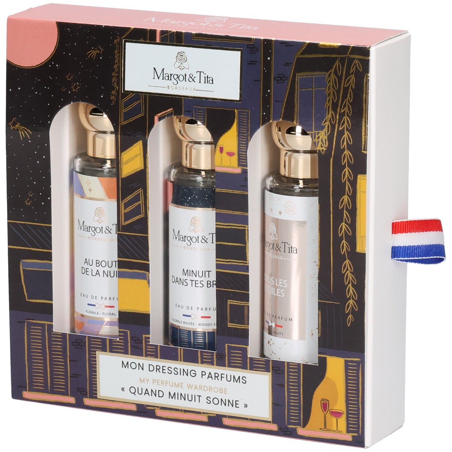 Coffret cadeau Margot & Tita avec trois flacons de parfum, collection 'Quand Minuit Sonne'.