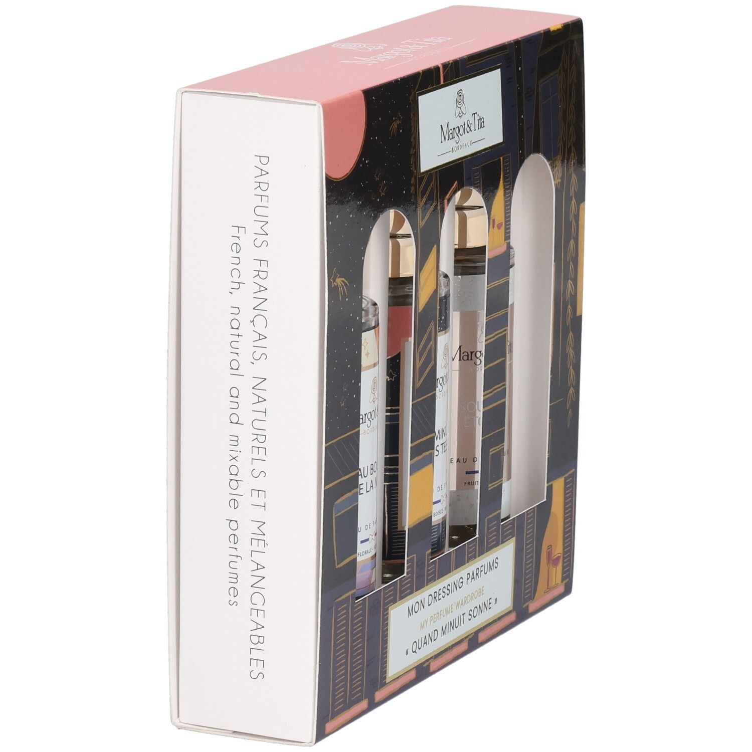 Coffret cadeau Margot & Tita, côté avec description des trois parfums et ingrédients.