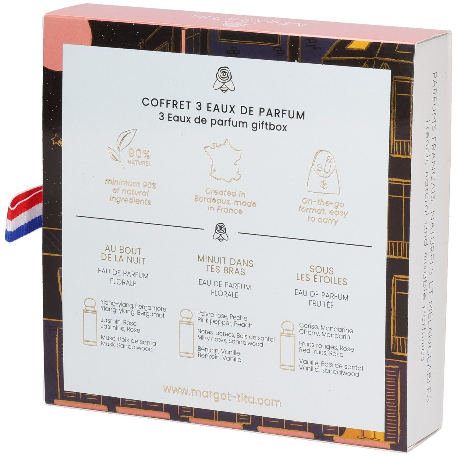 Arrière du coffret cadeau Margot & Tita avec détails sur les trois parfums et origine.